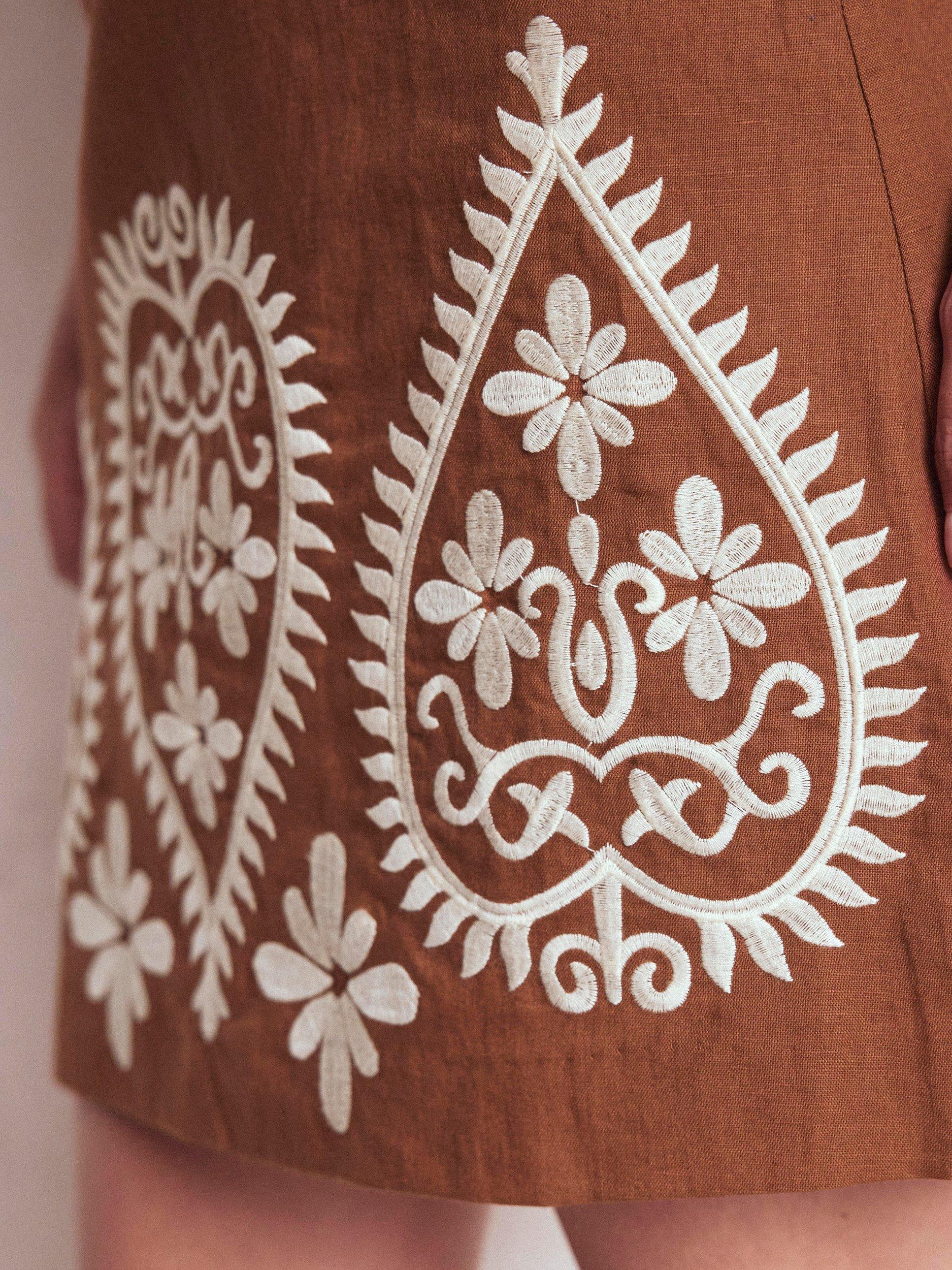 Product image 2 of 5, which shows Boden Embroidered Paisley Linen Rich Skirt, Russet, 8