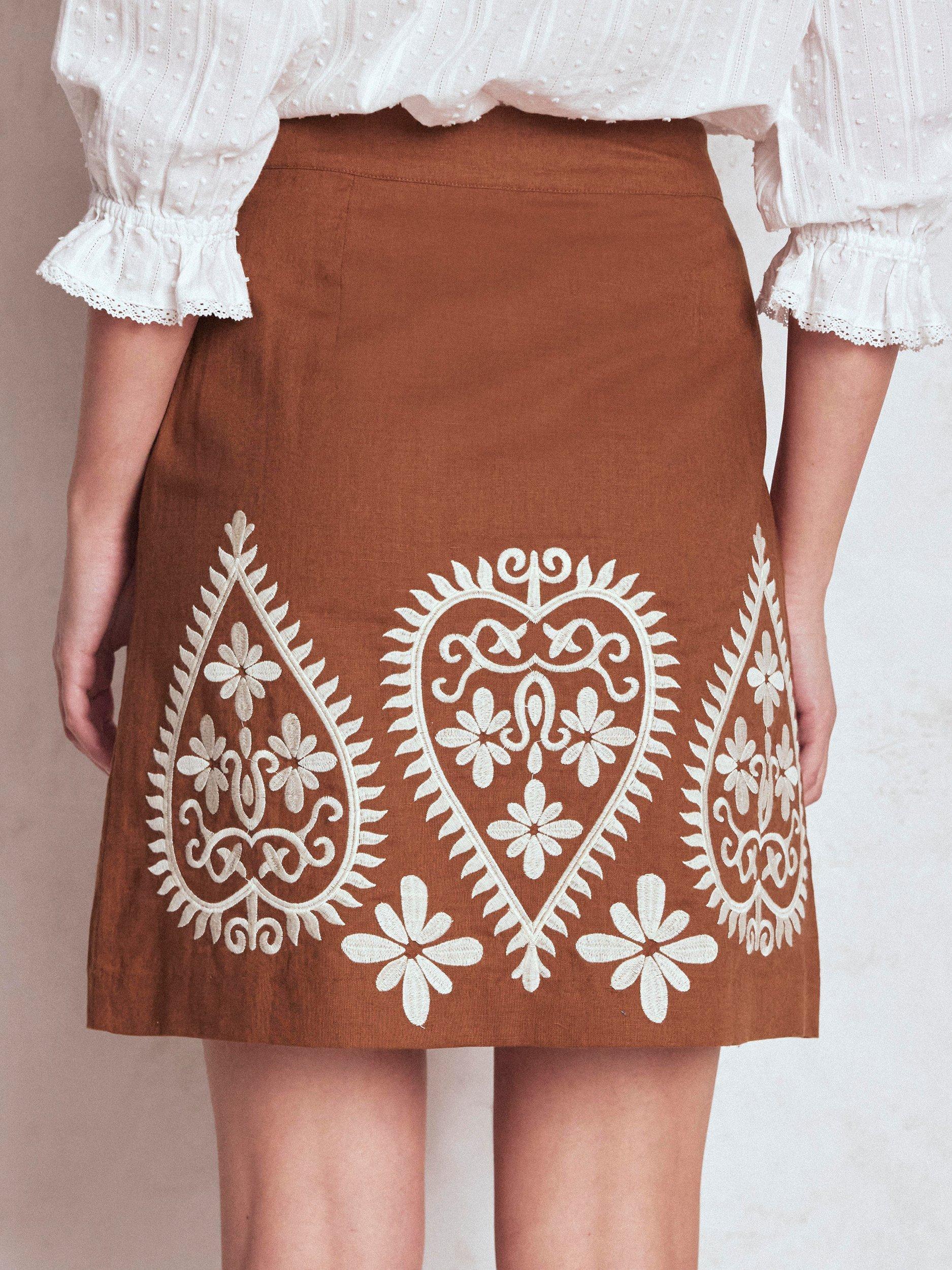 Product image 3 of 5, which shows Boden Embroidered Paisley Linen Rich Skirt, Russet, 8