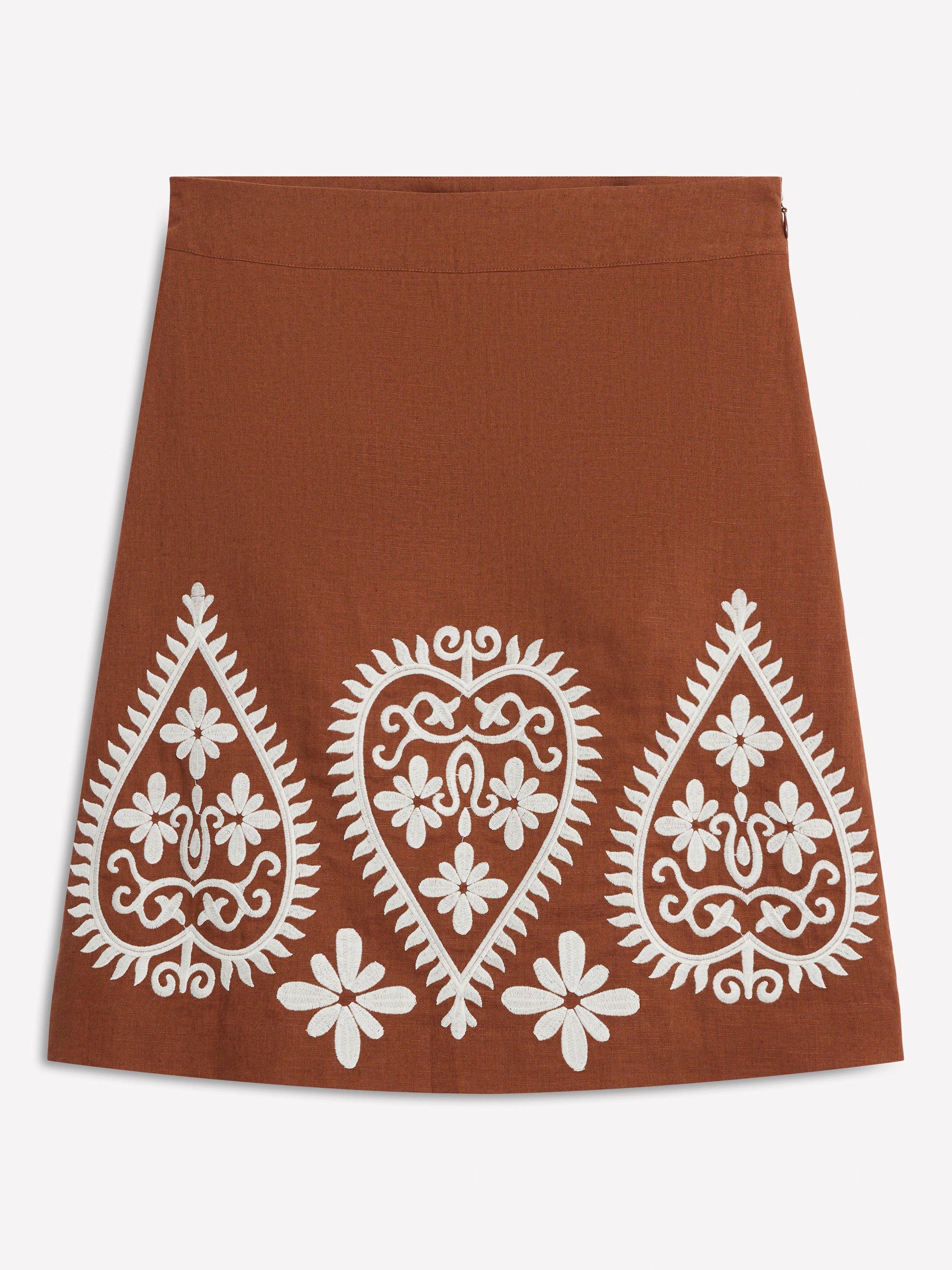 Product image 5 of 5, which shows Boden Embroidered Paisley Linen Rich Skirt, Russet, 8