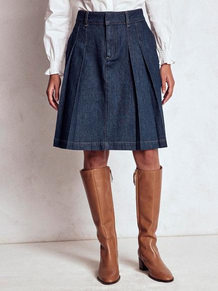 Boden Pleated Denim Skirt, Indigo, Indigo