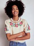Boden Embroidered Puff Sleeve Knit Top, Warm Ivory