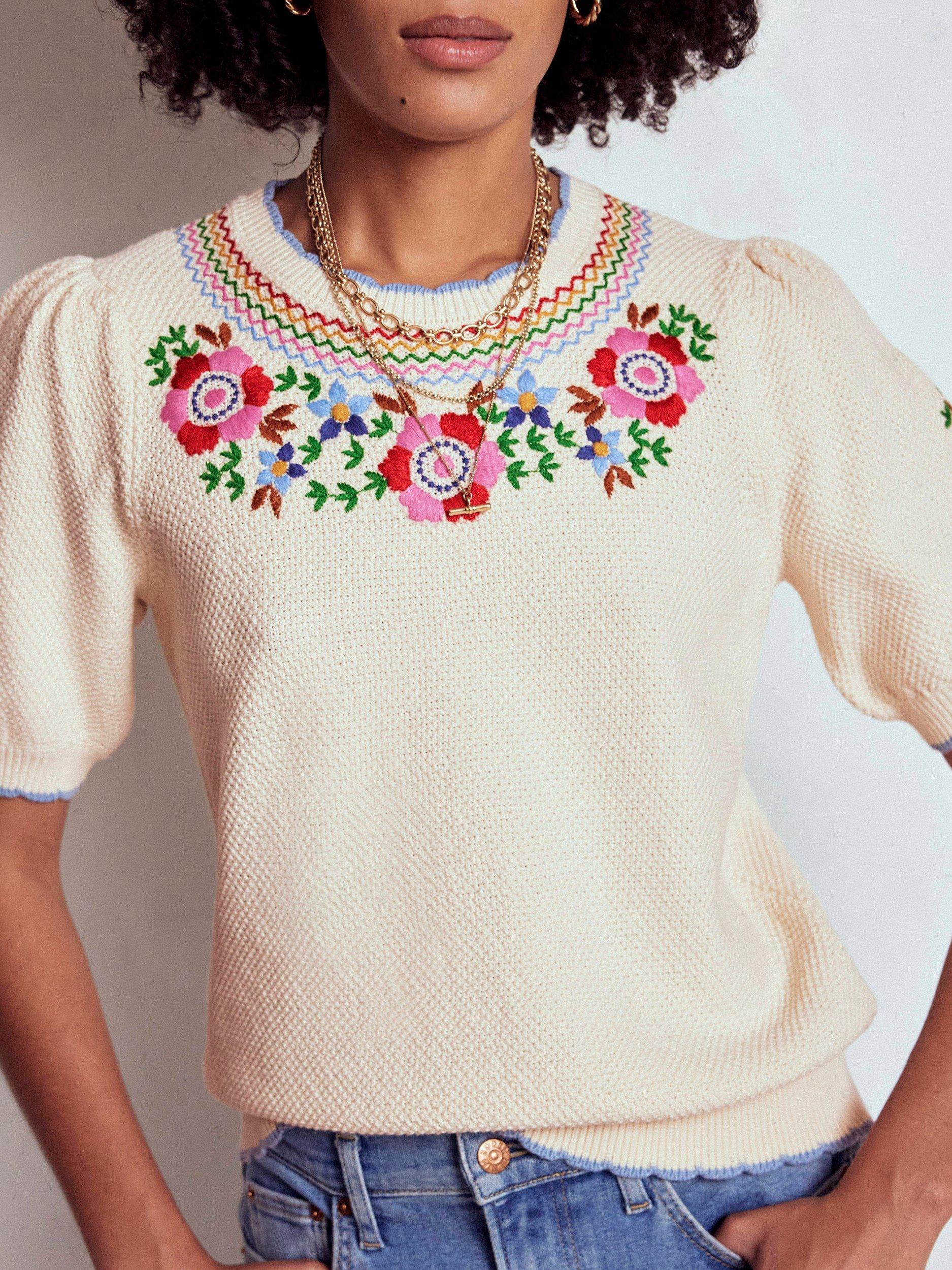 Product image 2 of 7, which shows Boden Embroidered Puff Sleeve Knit Top, Warm Ivory, XS