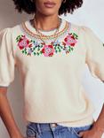 Boden Embroidered Puff Sleeve Knit Top, Warm Ivory
