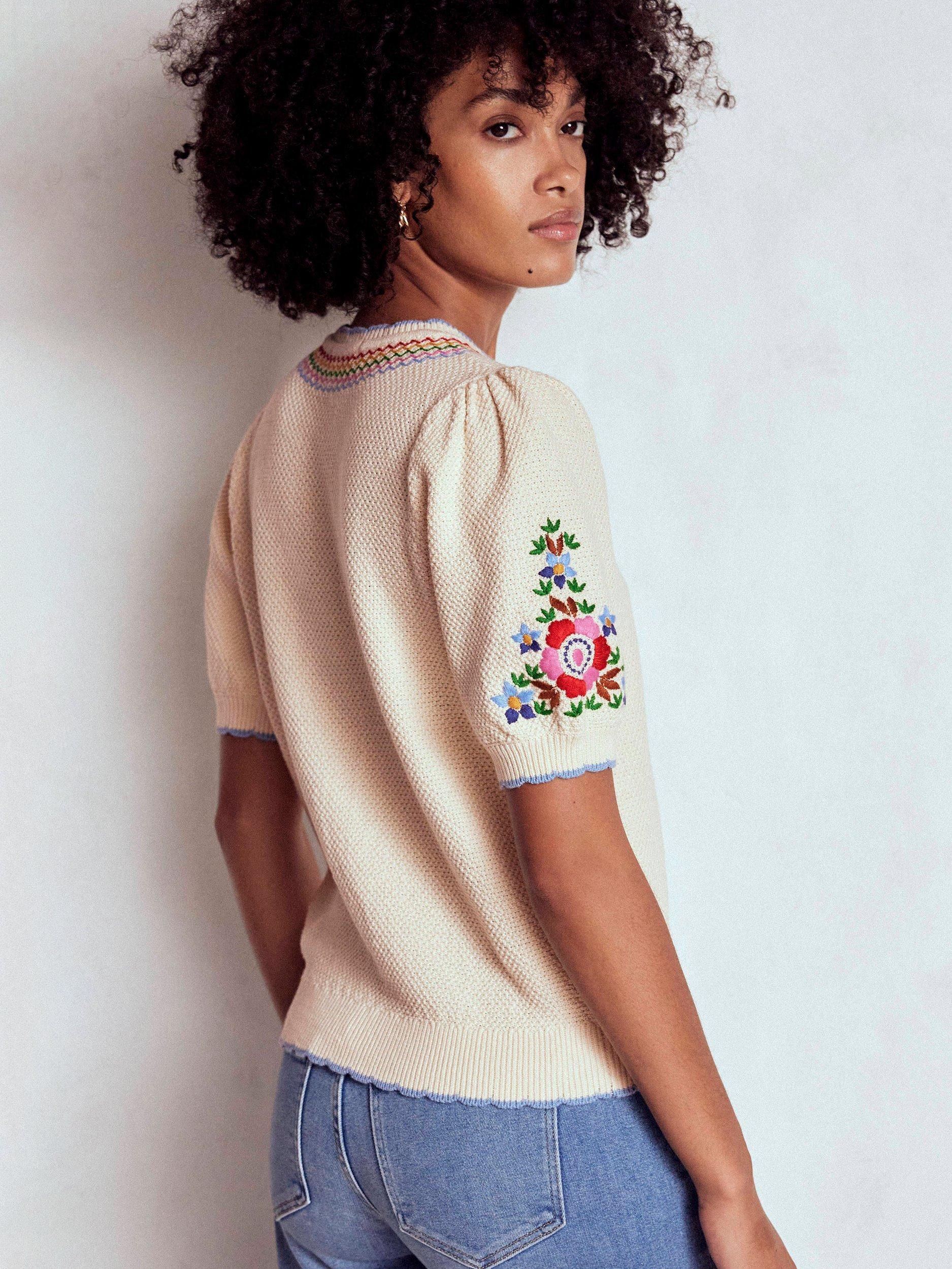 Product image 3 of 7, which shows Boden Embroidered Puff Sleeve Knit Top, Warm Ivory, XS