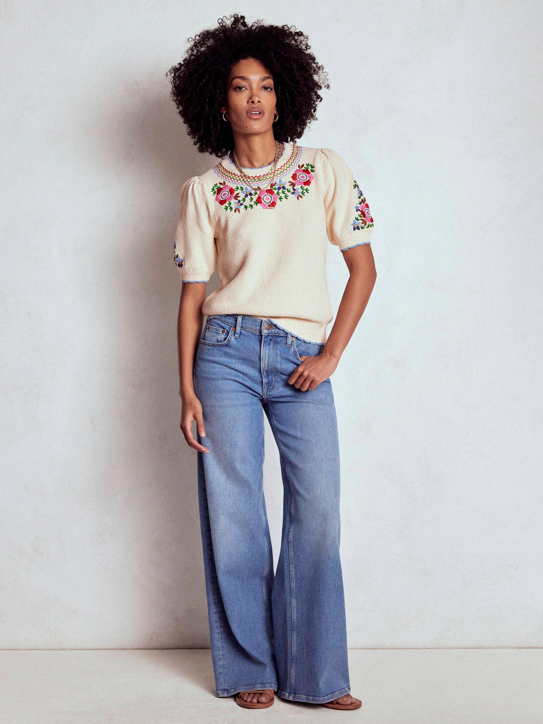 Product image 4 of 7, which shows Boden Embroidered Puff Sleeve Knit Top, Warm Ivory, XS
