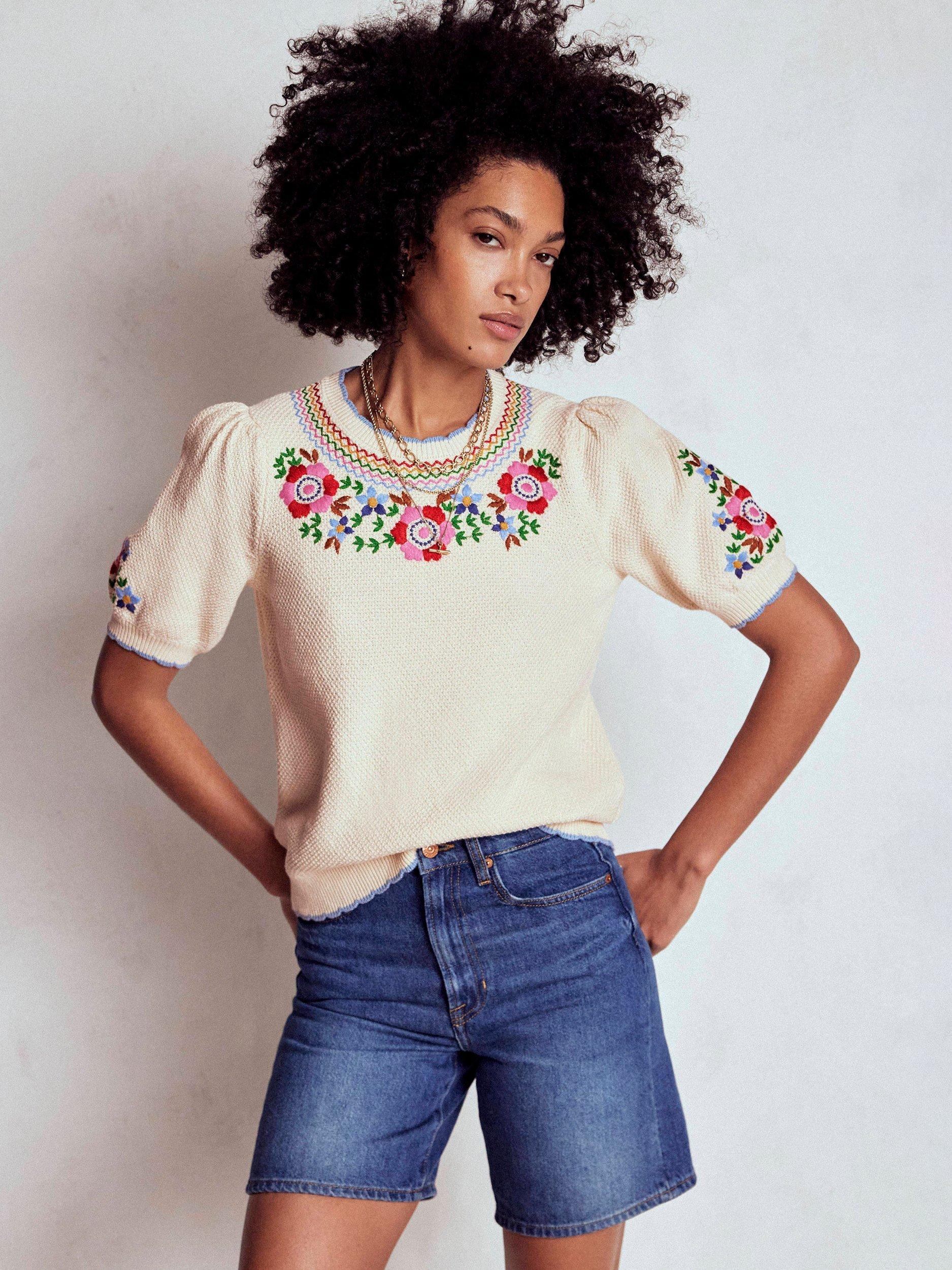 Product image 5 of 7, which shows Boden Embroidered Puff Sleeve Knit Top, Warm Ivory, XS