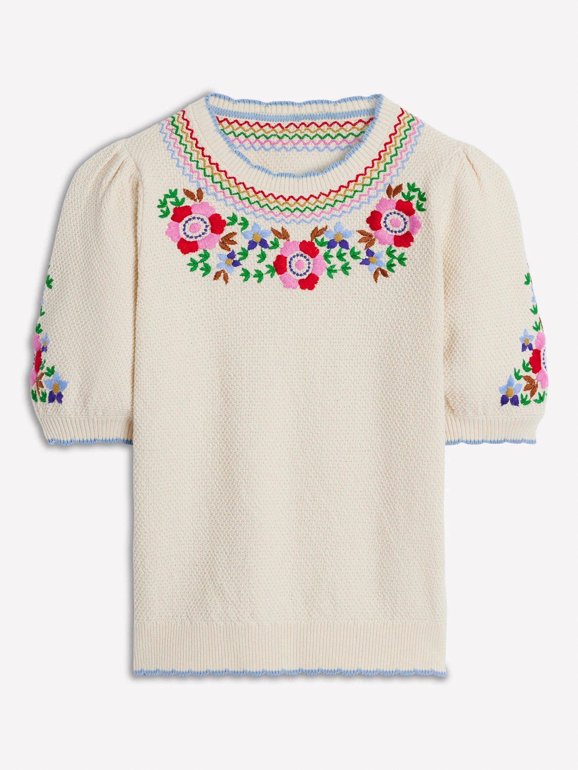 Product image 6 of 7, which shows Boden Embroidered Puff Sleeve Knit Top, Warm Ivory, XS