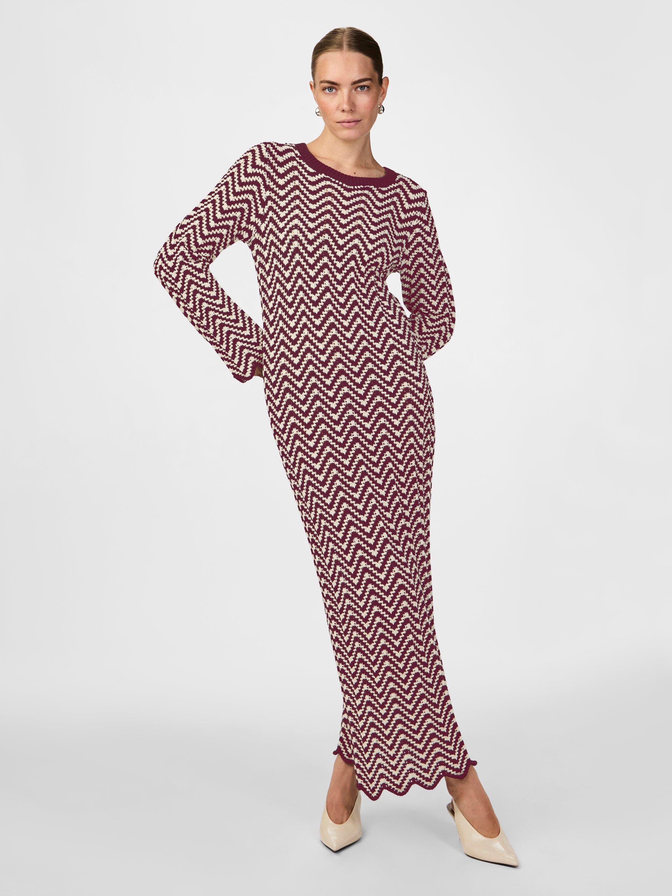 YAS Whiz Zig Zag Knit Dress, Burgundy/White