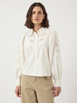 YAS Zima Floral Embroidered Button Neck Poplin Shirt, White