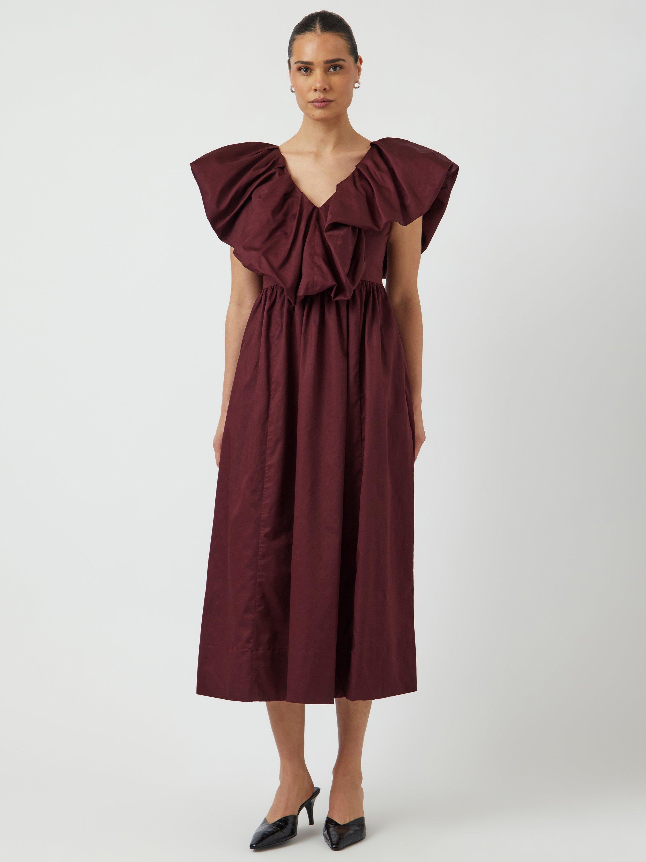 Product image 2 of 6, which shows YAS Salsy Ruffle Neck Midi Dress, Burgundy, 6