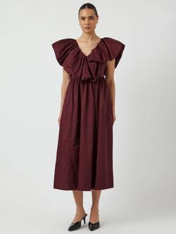 YAS Salsy Ruffle Neck Midi Dress, Burgundy - view 2, Burgundy