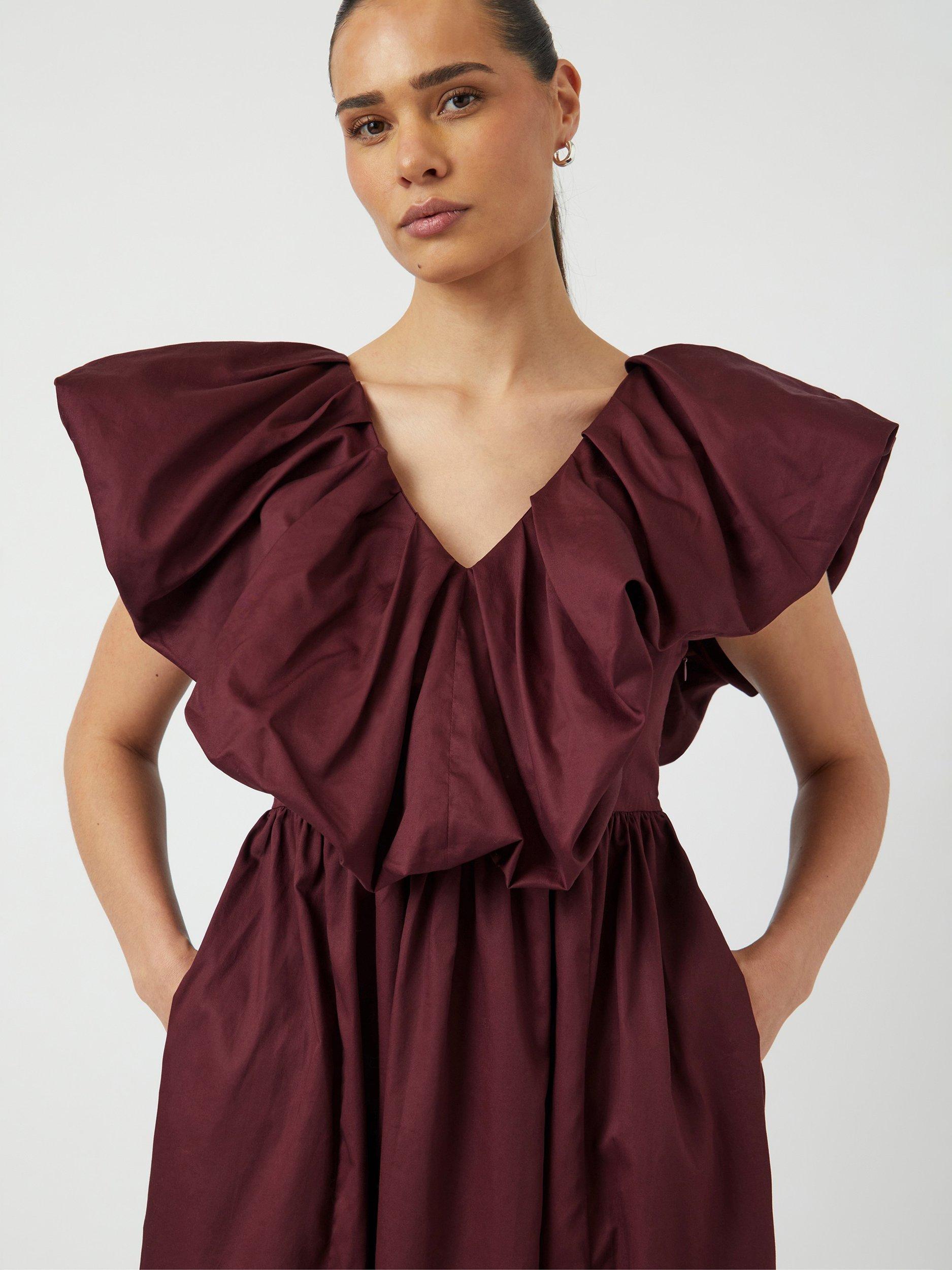 Product image 3 of 6, which shows YAS Salsy Ruffle Neck Midi Dress, Burgundy, 6