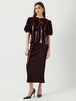 YAS Royalina Sequin Midi Skirt, Burgundy, Burgundy