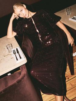 YAS Royalina Sequin Midi Skirt, Burgundy - view 2, Burgundy