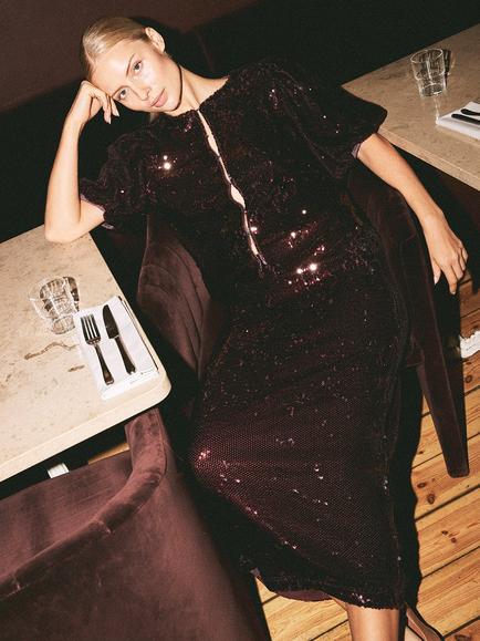 YAS Royalina Sequin Midi Skirt, Burgundy - view 2, Burgundy