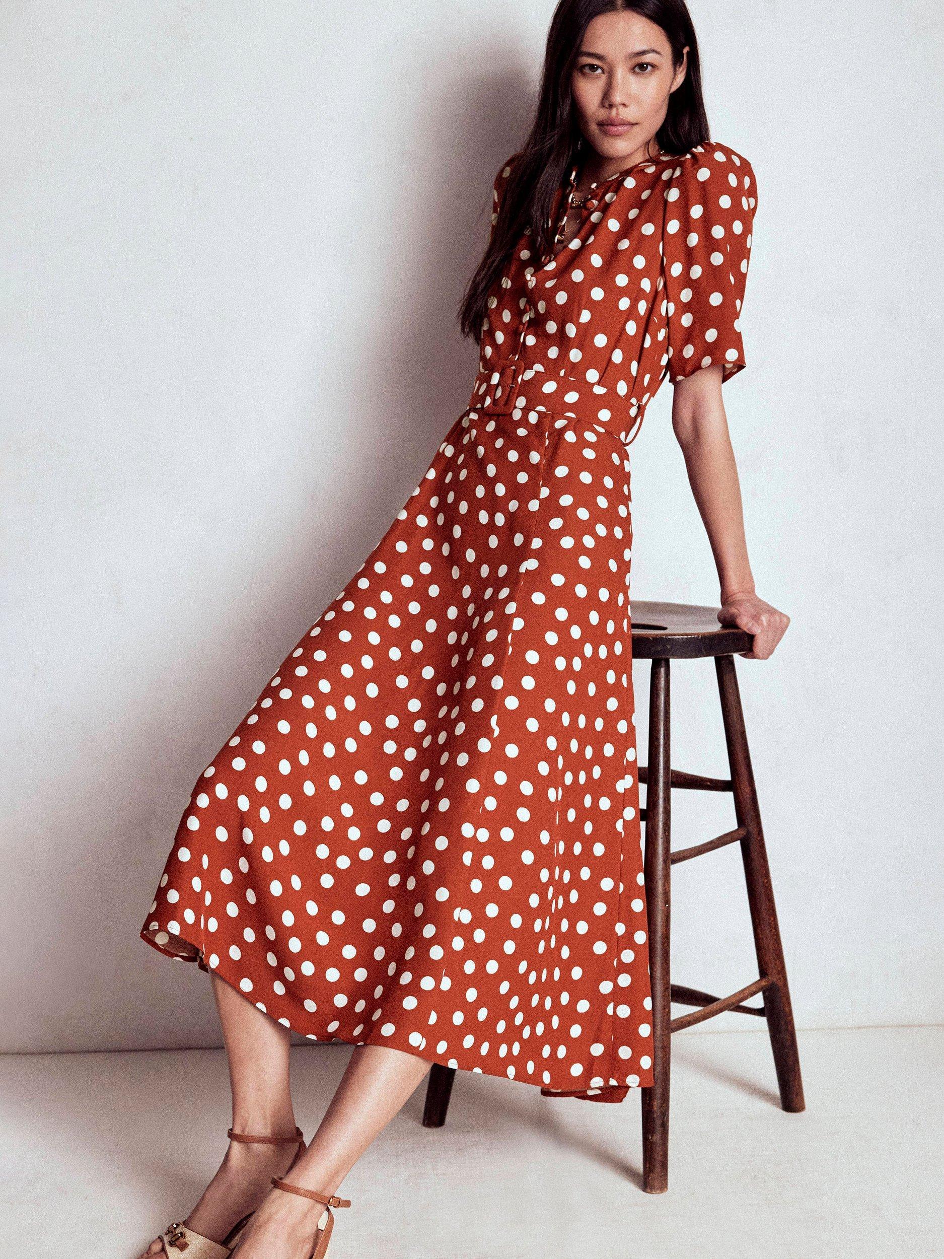 Product image 1 of 5, which shows Boden Kate Spot Belted Dress, Brown/Multi, 10