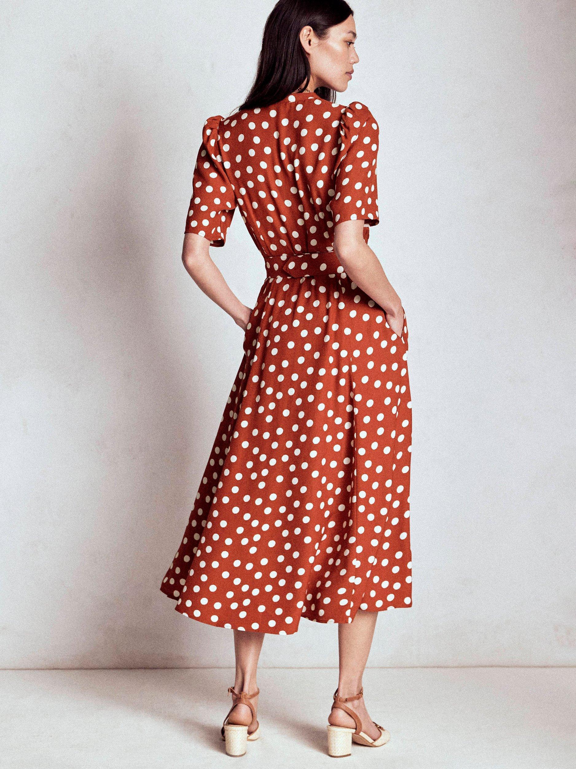 Product image 3 of 5, which shows Boden Kate Spot Belted Dress, Brown/Multi, 10