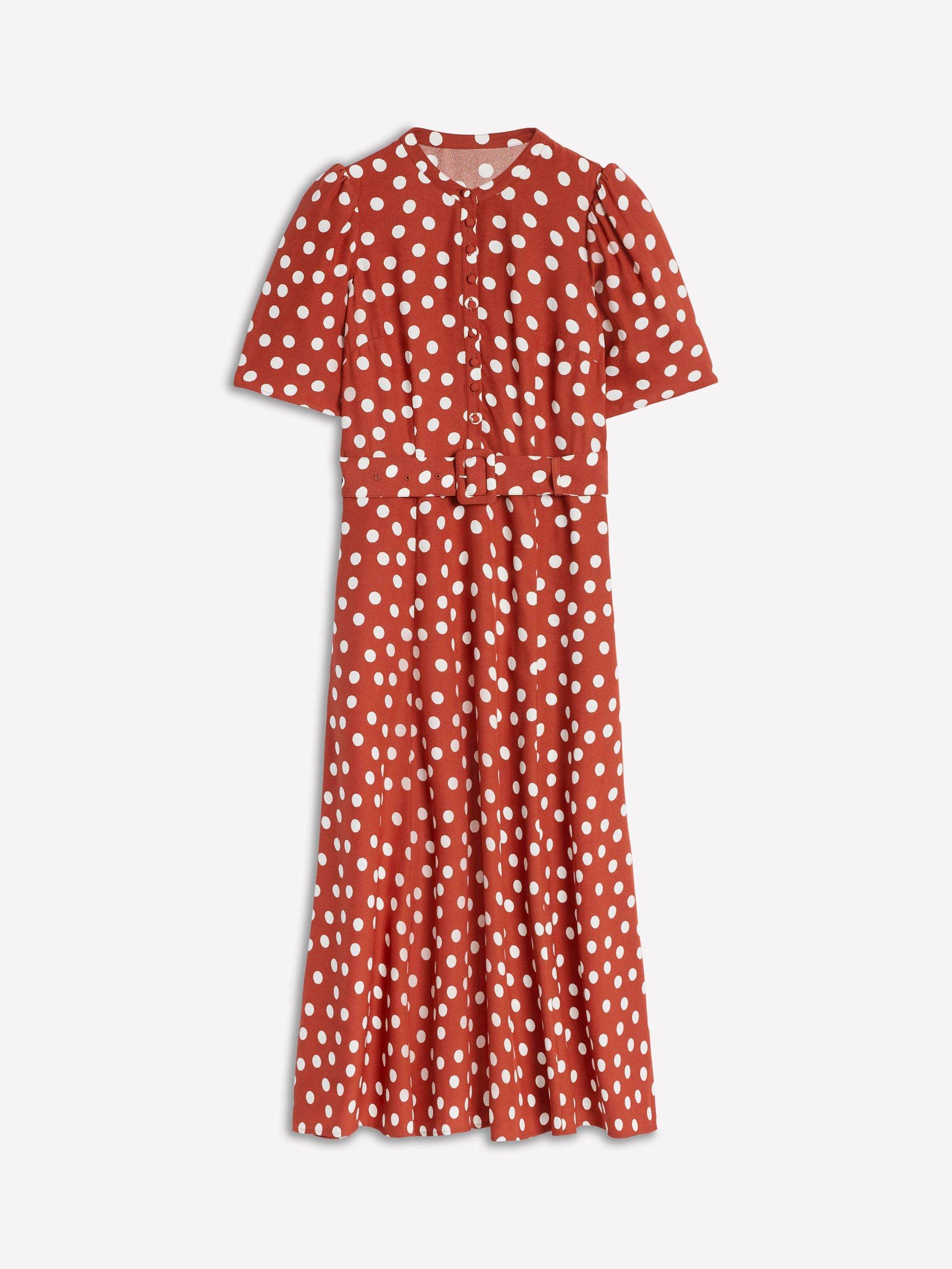 Product image 5 of 5, which shows Boden Kate Spot Belted Dress, Brown/Multi, 10