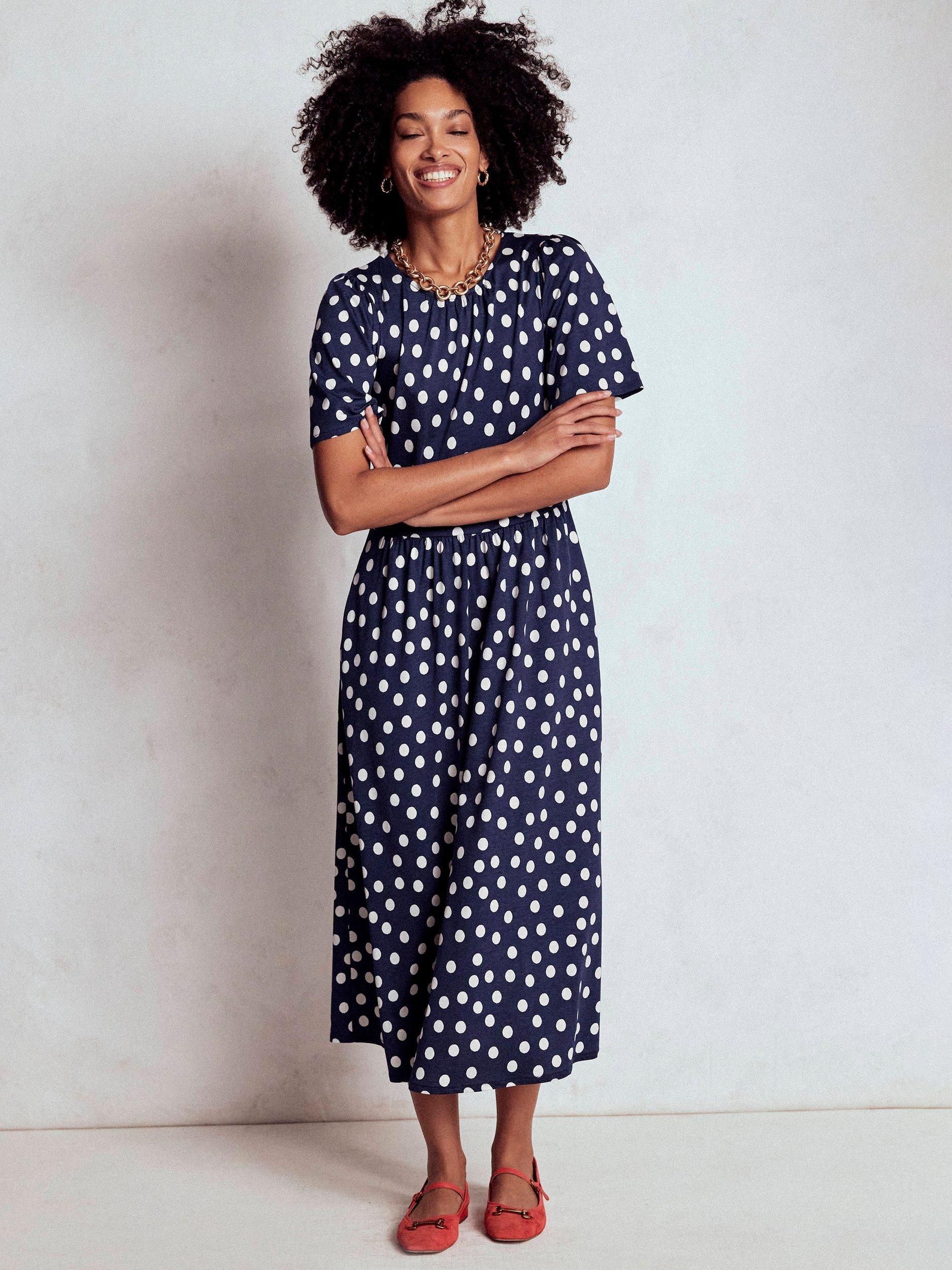 Product image 1 of 6, which shows Boden Louisa Polka Dot Midi Dress, Navy/Multi, 10