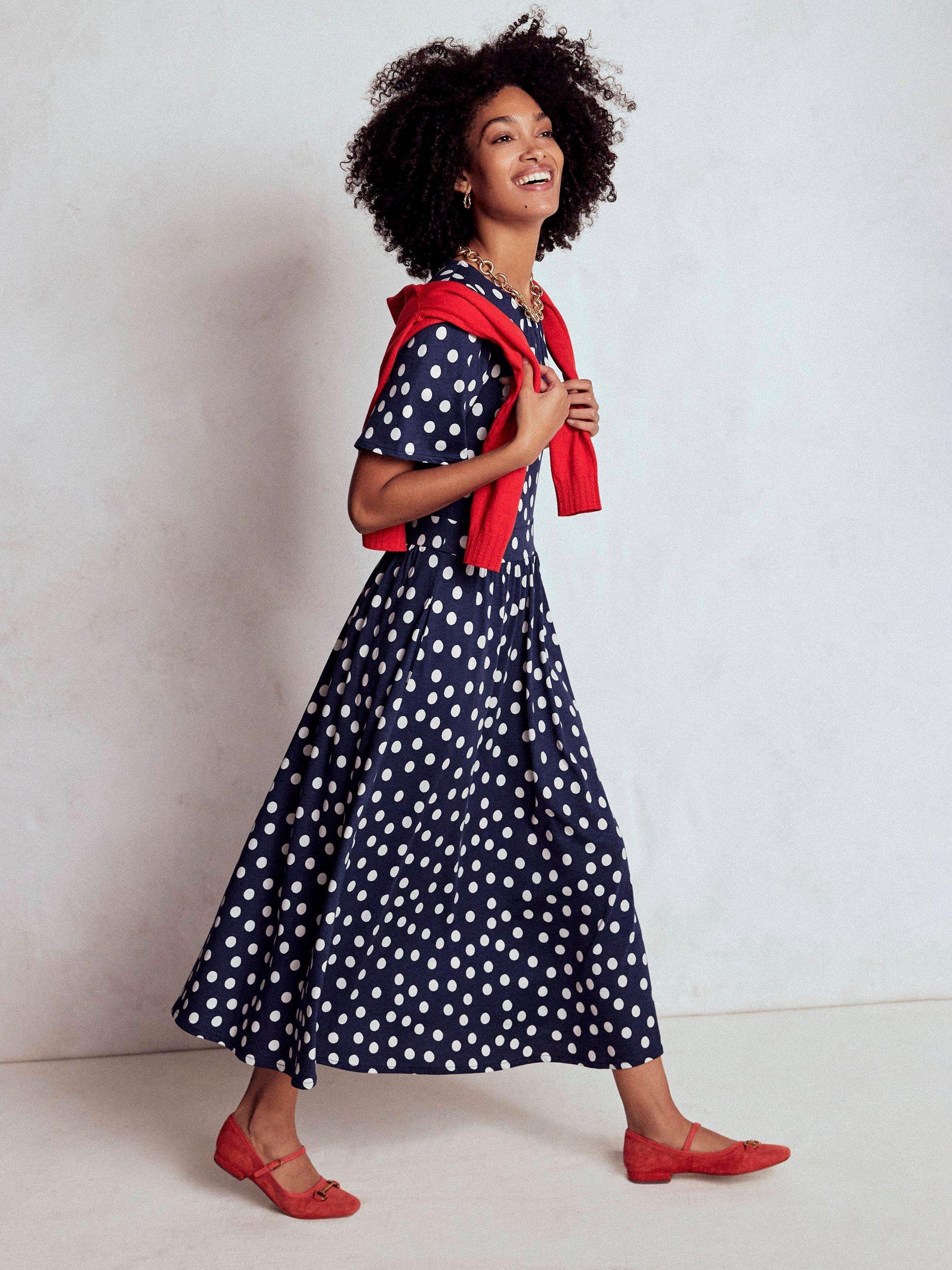 Product image 5 of 6, which shows Boden Louisa Polka Dot Midi Dress, Navy/Multi, 10