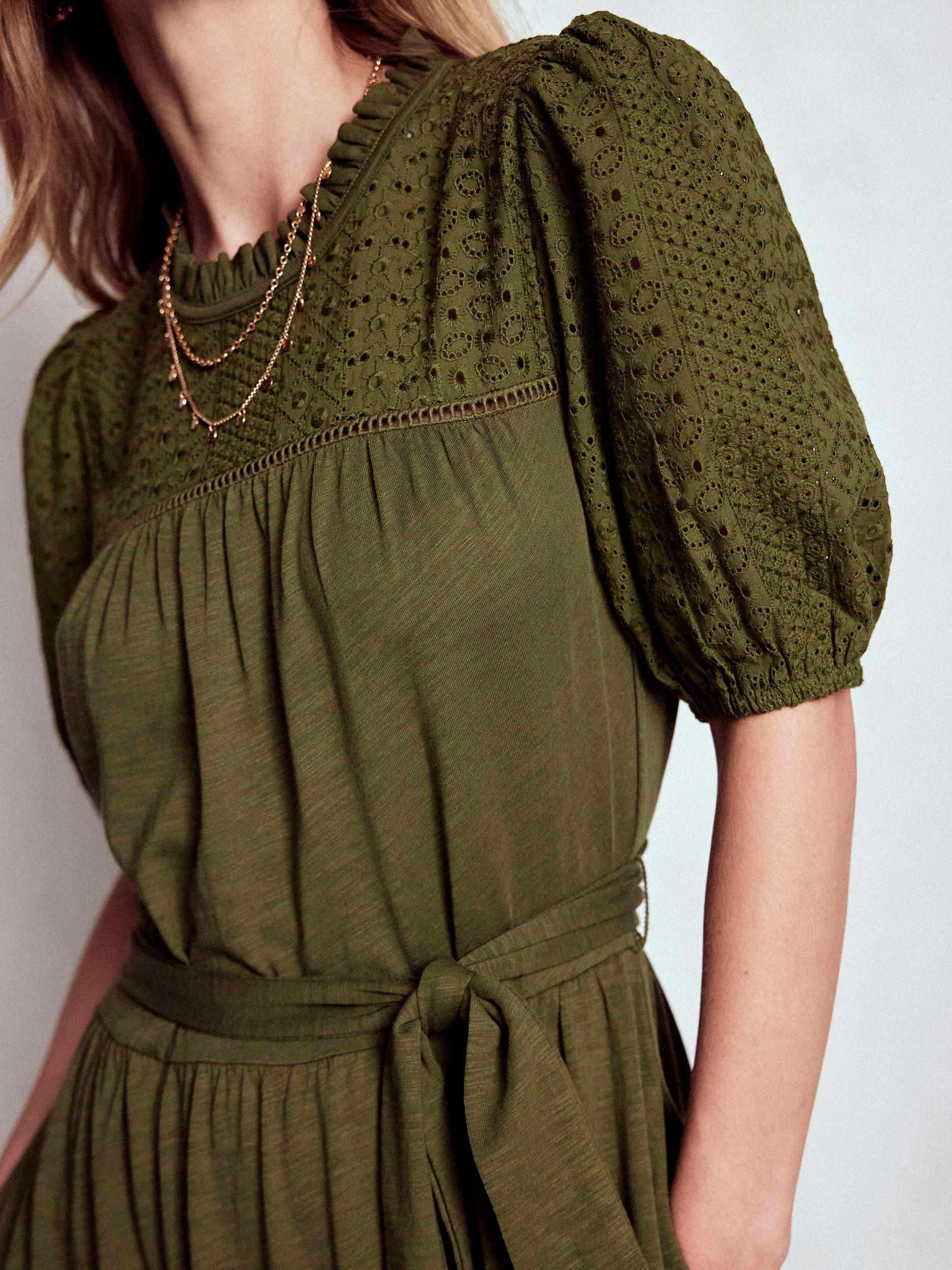 Product image 2 of 7, which shows Boden Lorelei Broderie Detail Tiered Dress, Woodland Green, 8