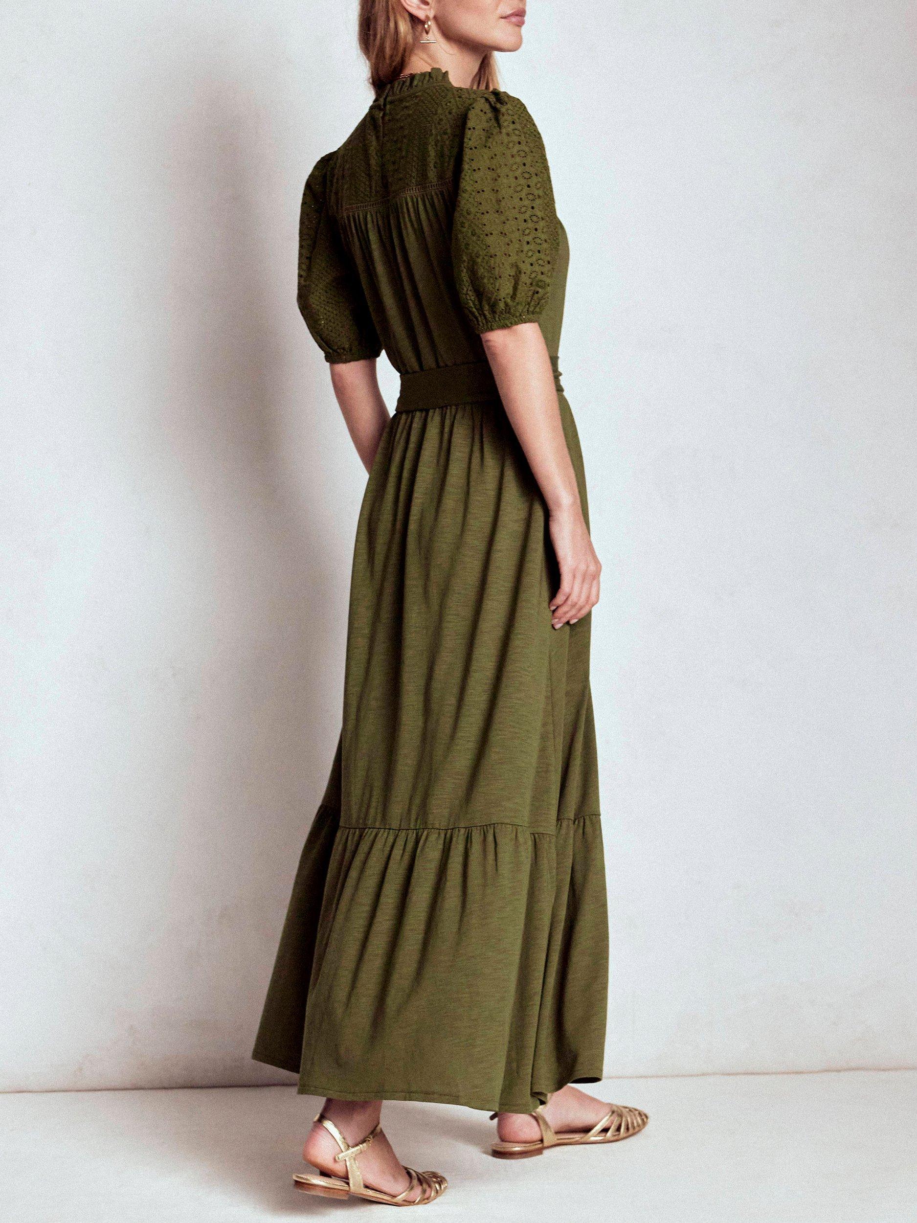 Product image 3 of 7, which shows Boden Lorelei Broderie Detail Tiered Dress, Woodland Green, 8