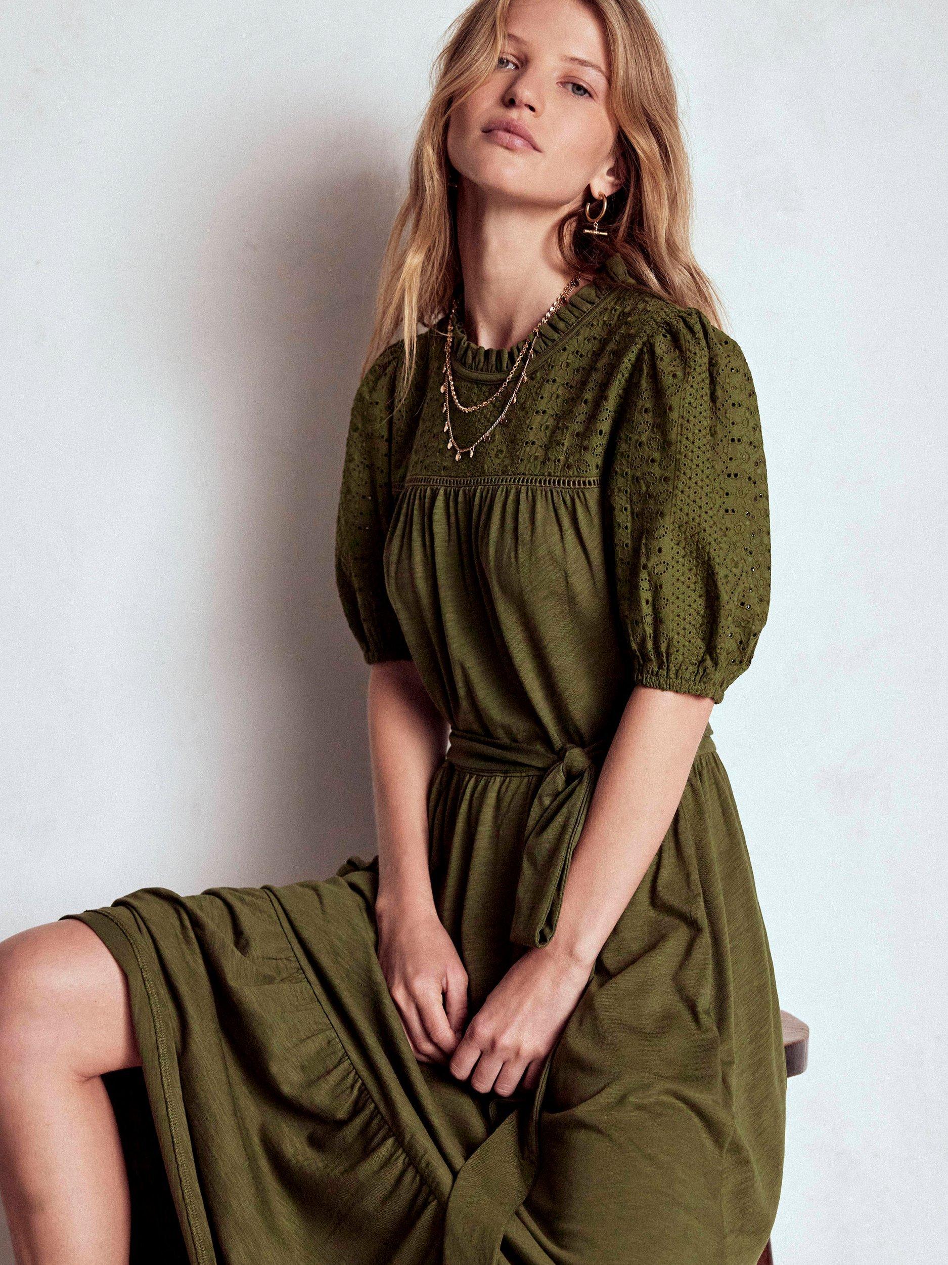 Product image 4 of 7, which shows Boden Lorelei Broderie Detail Tiered Dress, Woodland Green, 8