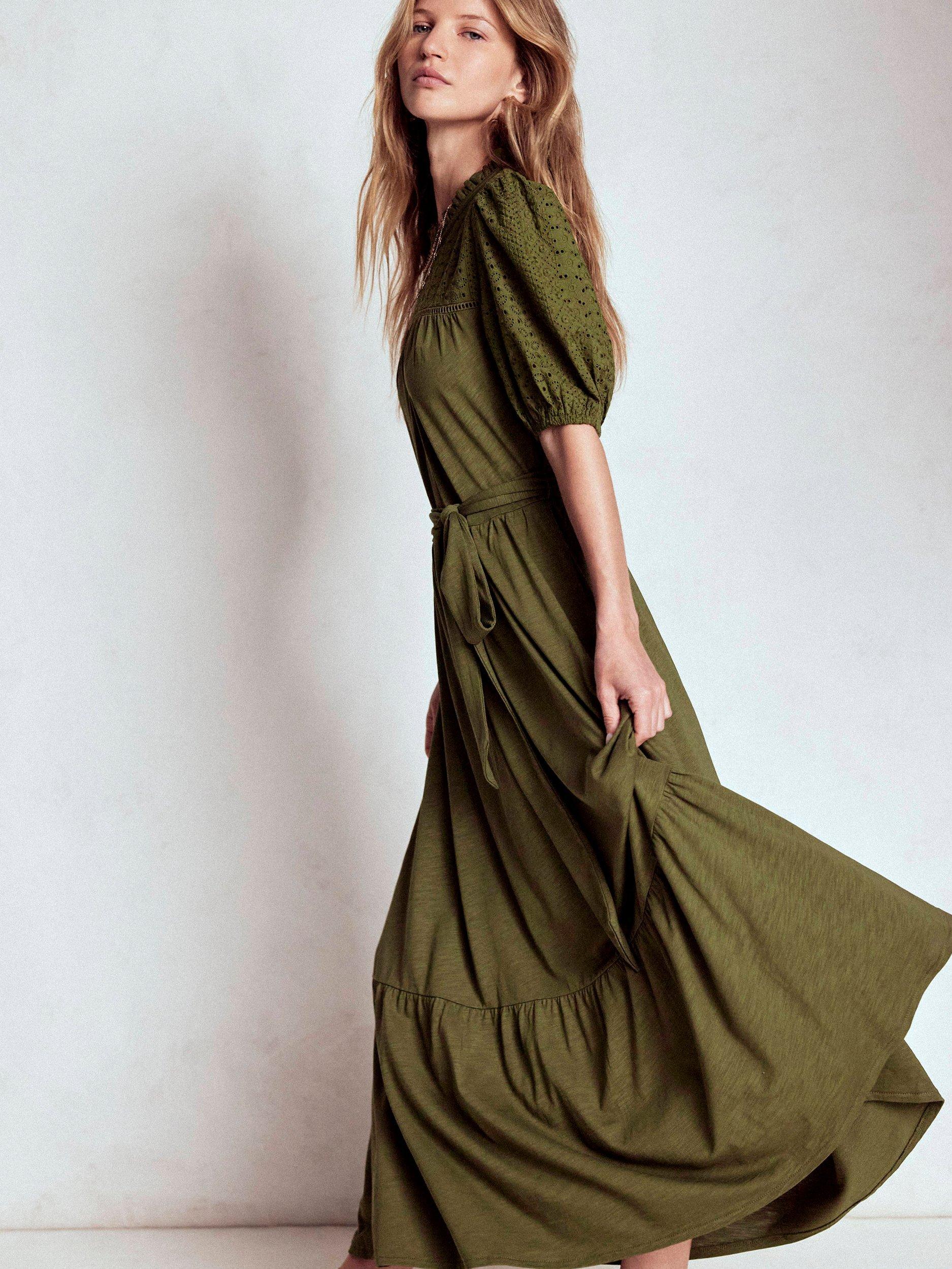 Product image 5 of 7, which shows Boden Lorelei Broderie Detail Tiered Dress, Woodland Green, 8