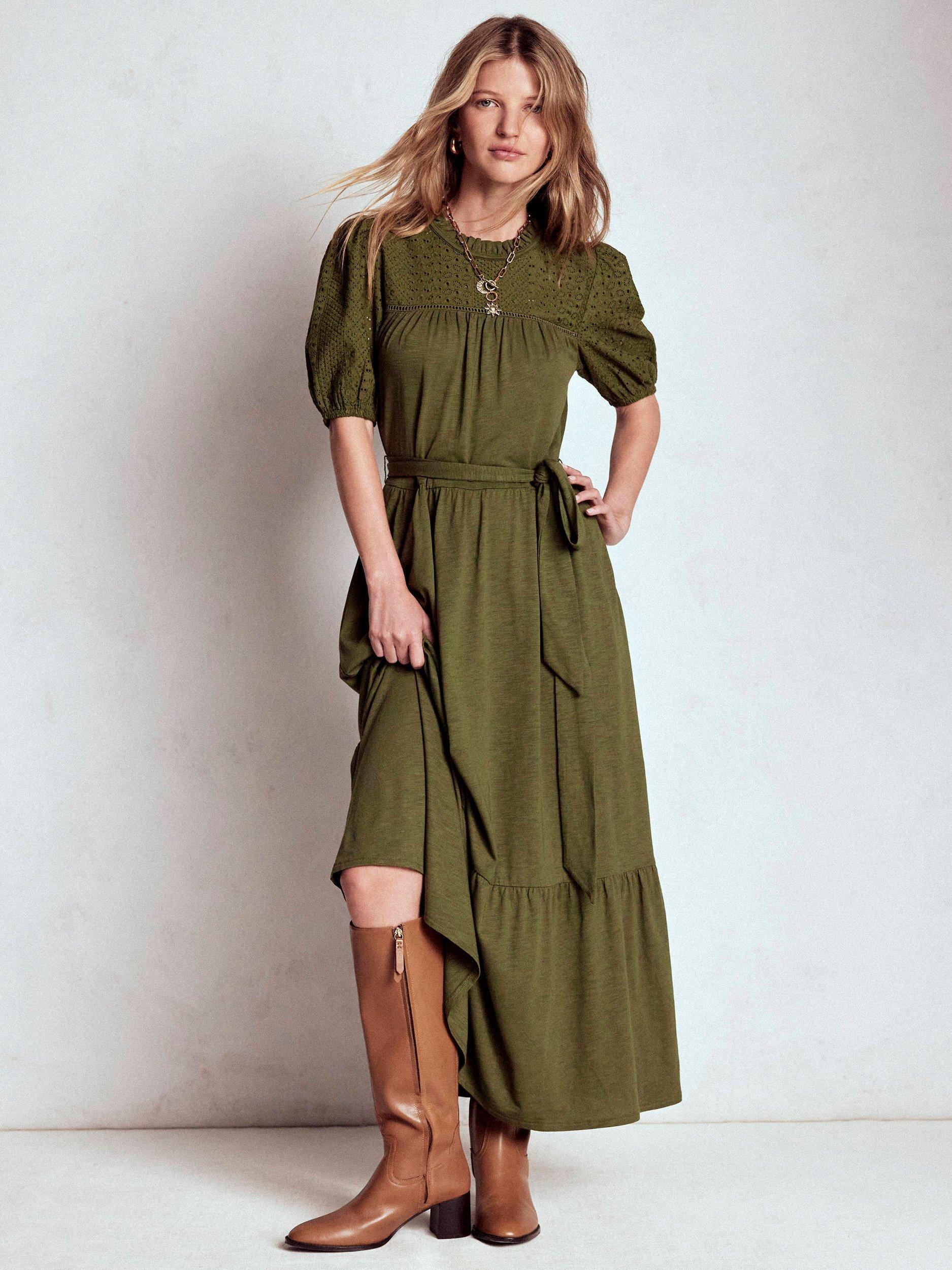Product image 6 of 7, which shows Boden Lorelei Broderie Detail Tiered Dress, Woodland Green, 8