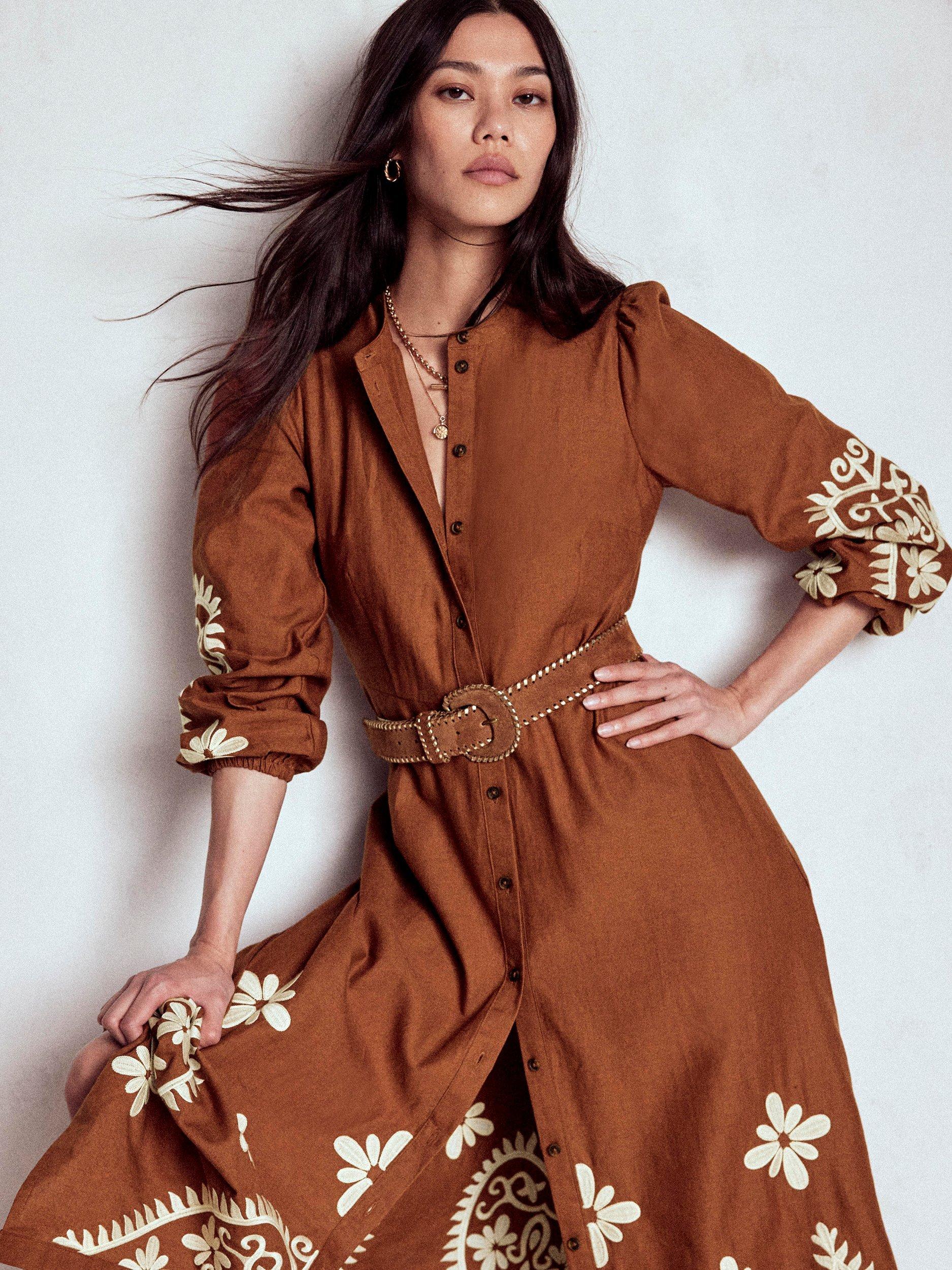 Boden Mae Floral Linen Rich Shirt Dress, Russet