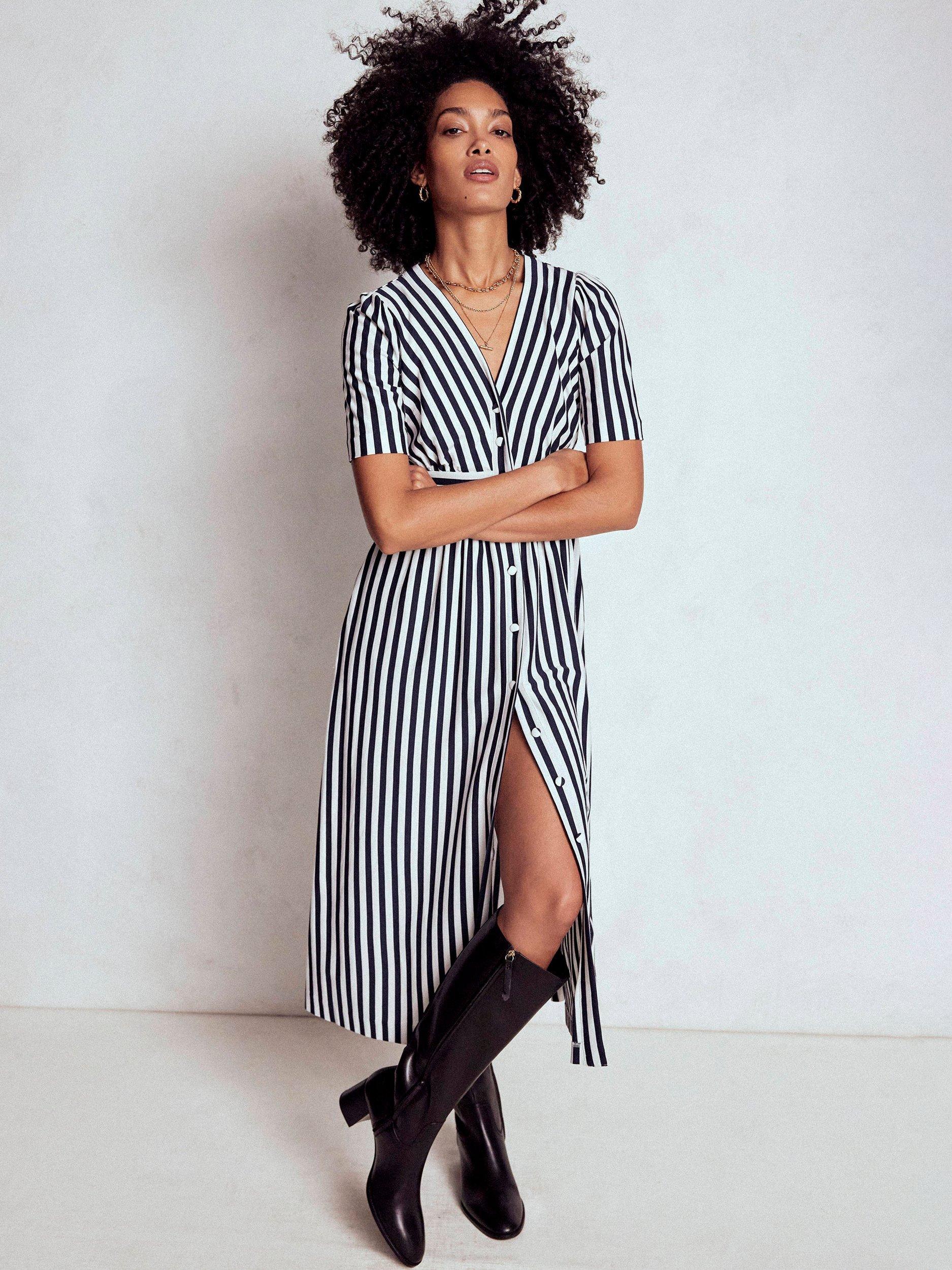 Product image 1 of 6, which shows Boden Natalia Stripe Tea Dress, Navy/Ivory, 8