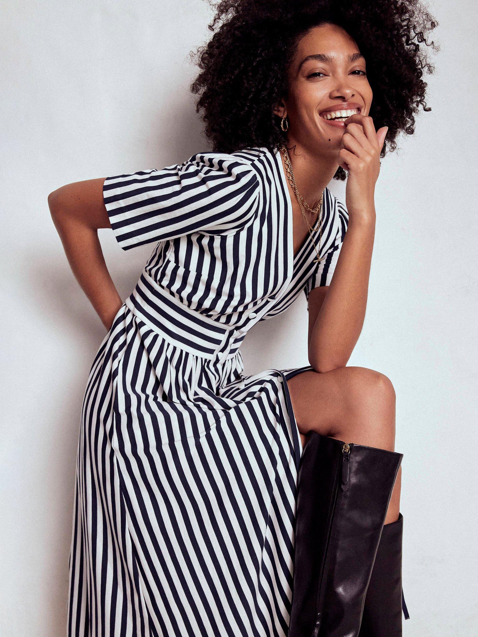 Product image 4 of 6, which shows Boden Natalia Stripe Tea Dress, Navy/Ivory, 8