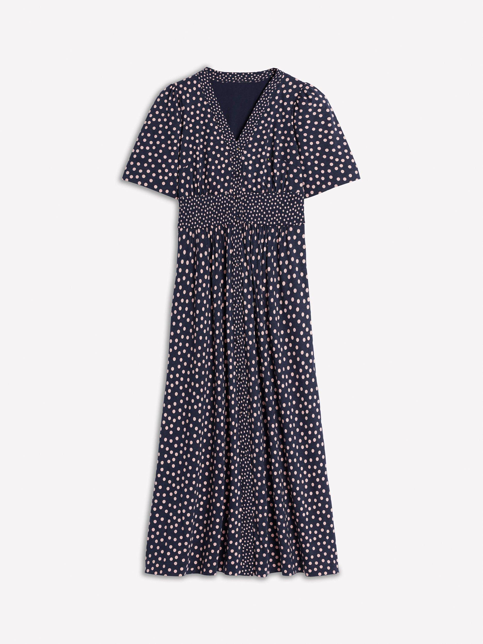 Product image 5 of 5, which shows Boden Natalia Spot Tea Dress, Navy/Multi, 8