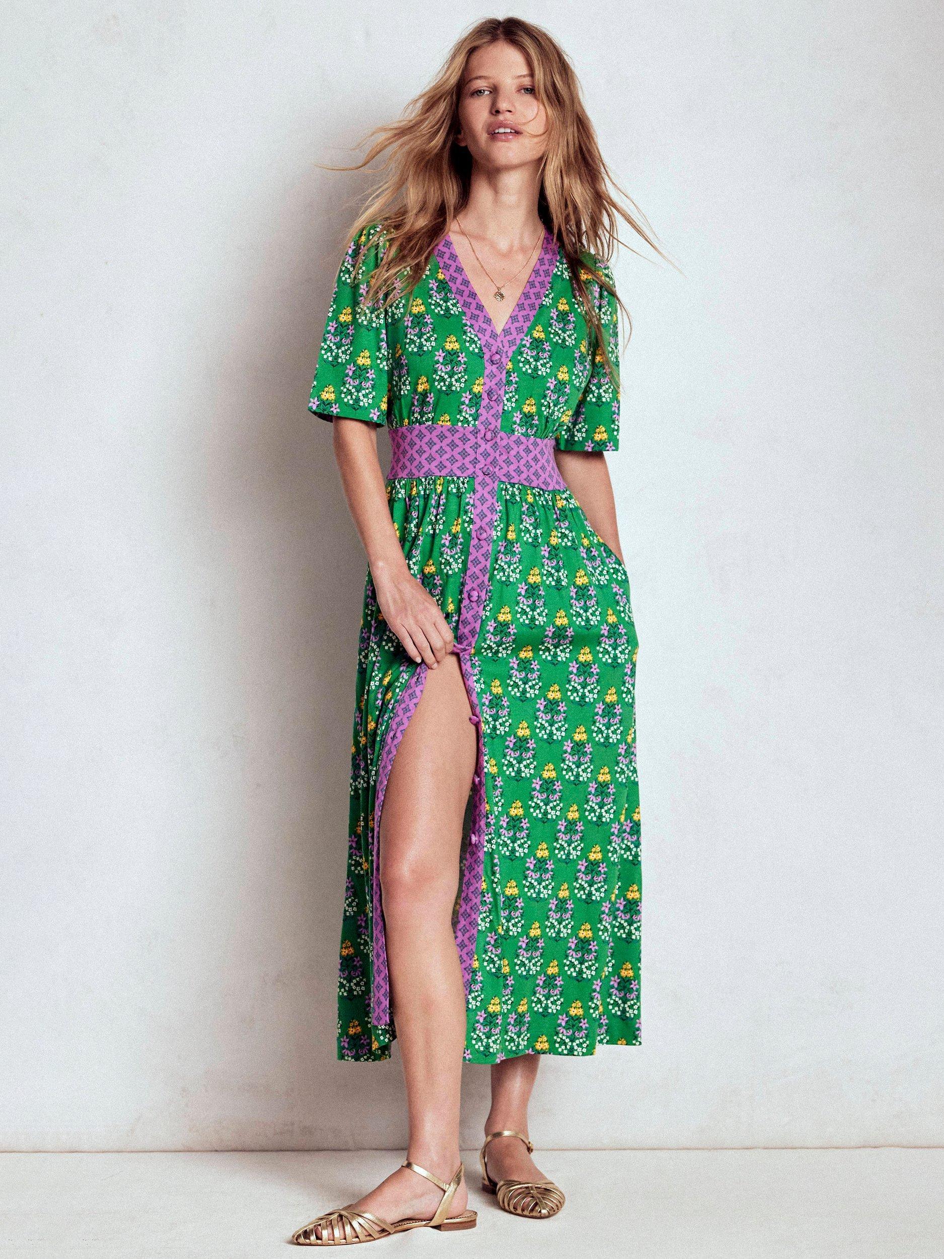 Product image 1 of 7, which shows Boden Natalia Floral Tea Dress, Emerald/Multi, 8