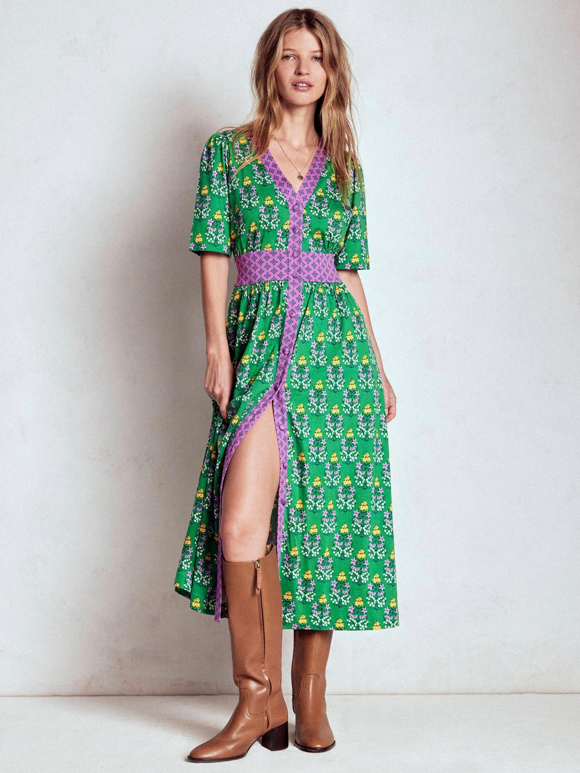 Product image 6 of 7, which shows Boden Natalia Floral Tea Dress, Emerald/Multi, 8