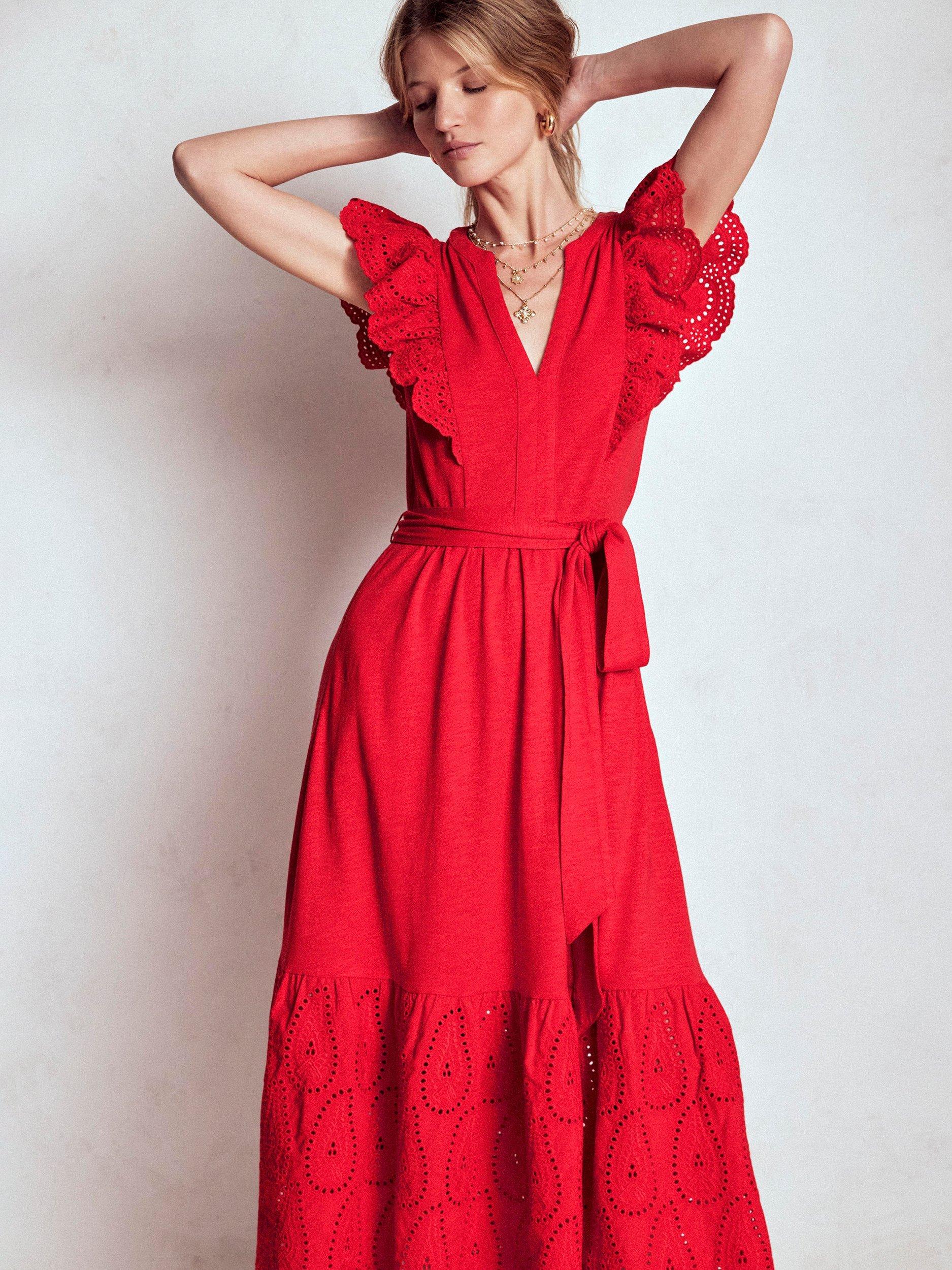 Product image 4 of 6, which shows Boden Ruffle Tiered Midi Dress, Poppy Red, 8