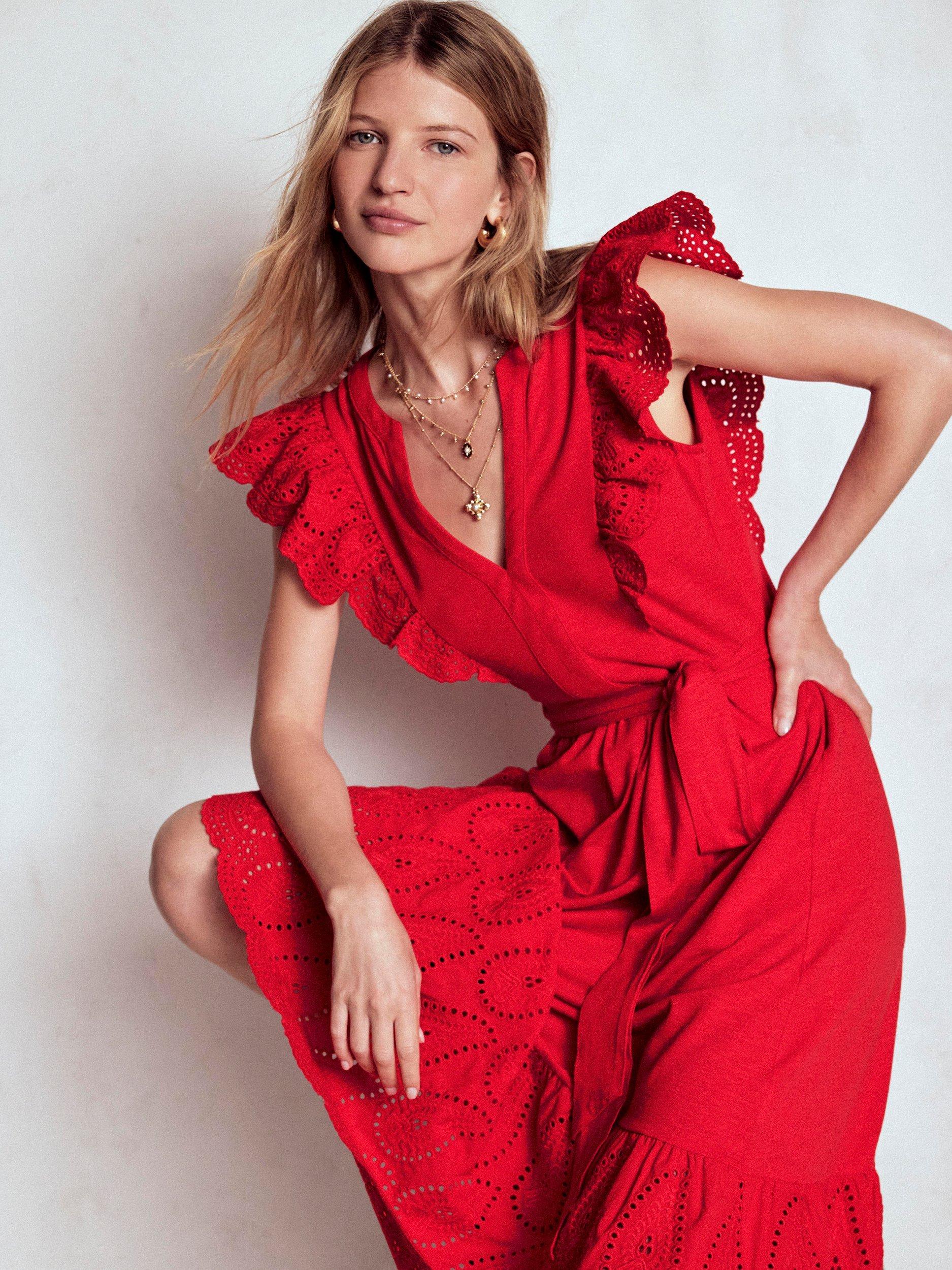 Product image 5 of 6, which shows Boden Ruffle Tiered Midi Dress, Poppy Red, 8