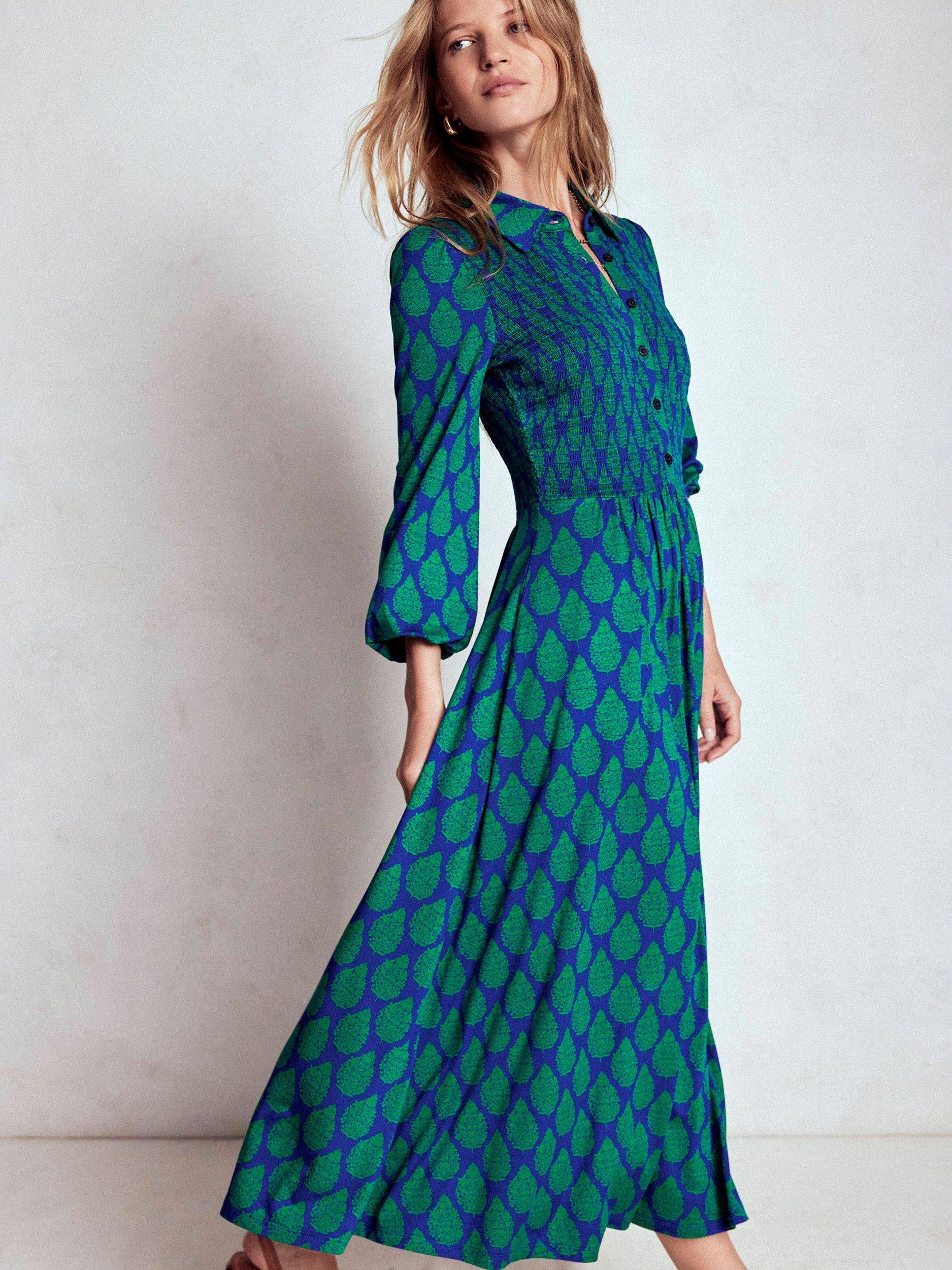 Product image 1 of 6, which shows Boden Floral Smocked Jersey Shirt Dress, Blue/Multi, 8