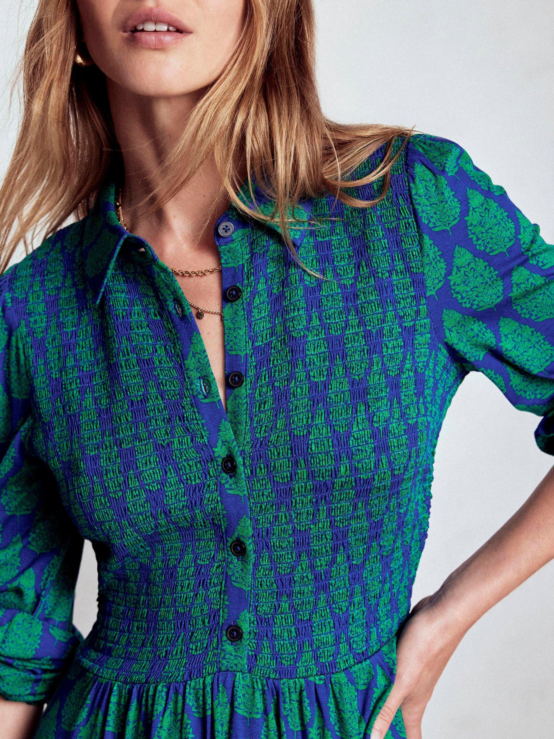Product image 2 of 6, which shows Boden Floral Smocked Jersey Shirt Dress, Blue/Multi, 8