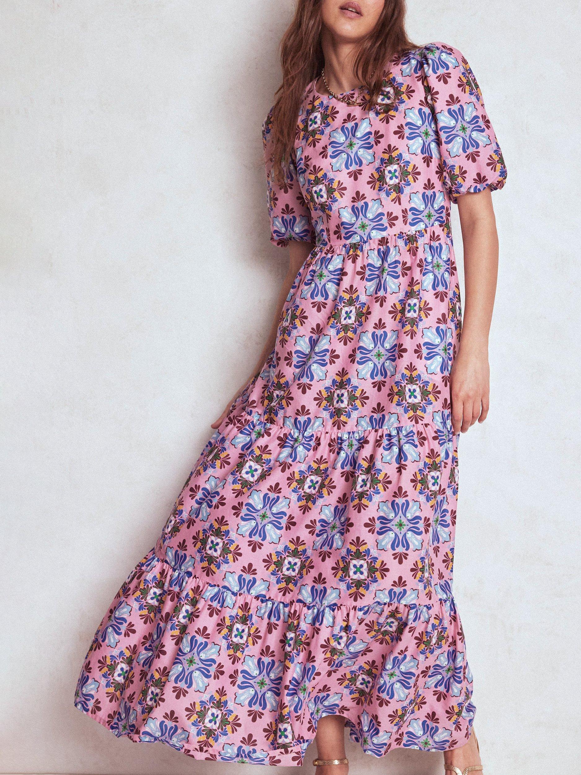 Product image 1 of 6, which shows Boden Floral Tiered Poplin Dress, Pink/Multi, 8