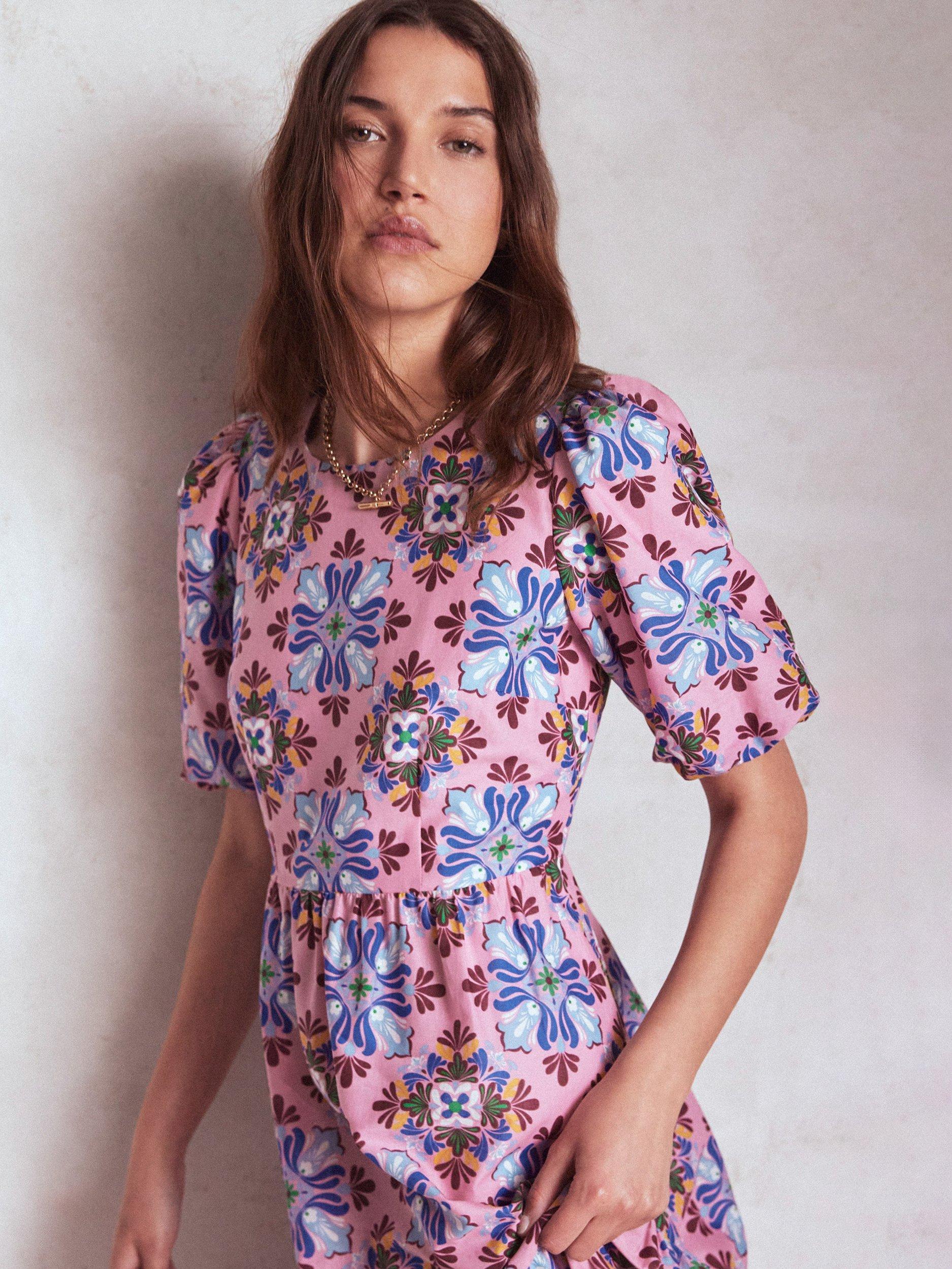 Product image 3 of 6, which shows Boden Floral Tiered Poplin Dress, Pink/Multi, 8