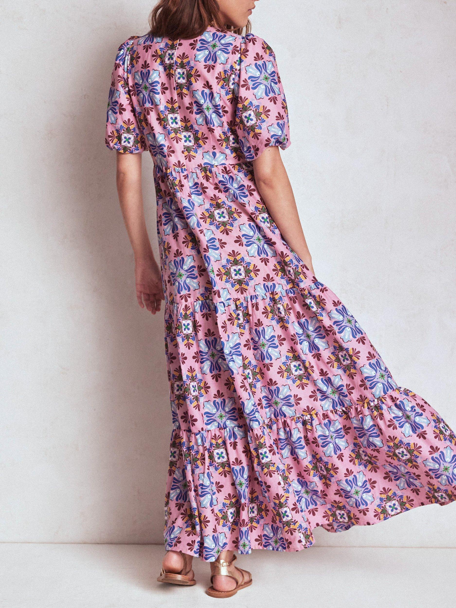 Product image 4 of 6, which shows Boden Floral Tiered Poplin Dress, Pink/Multi, 8