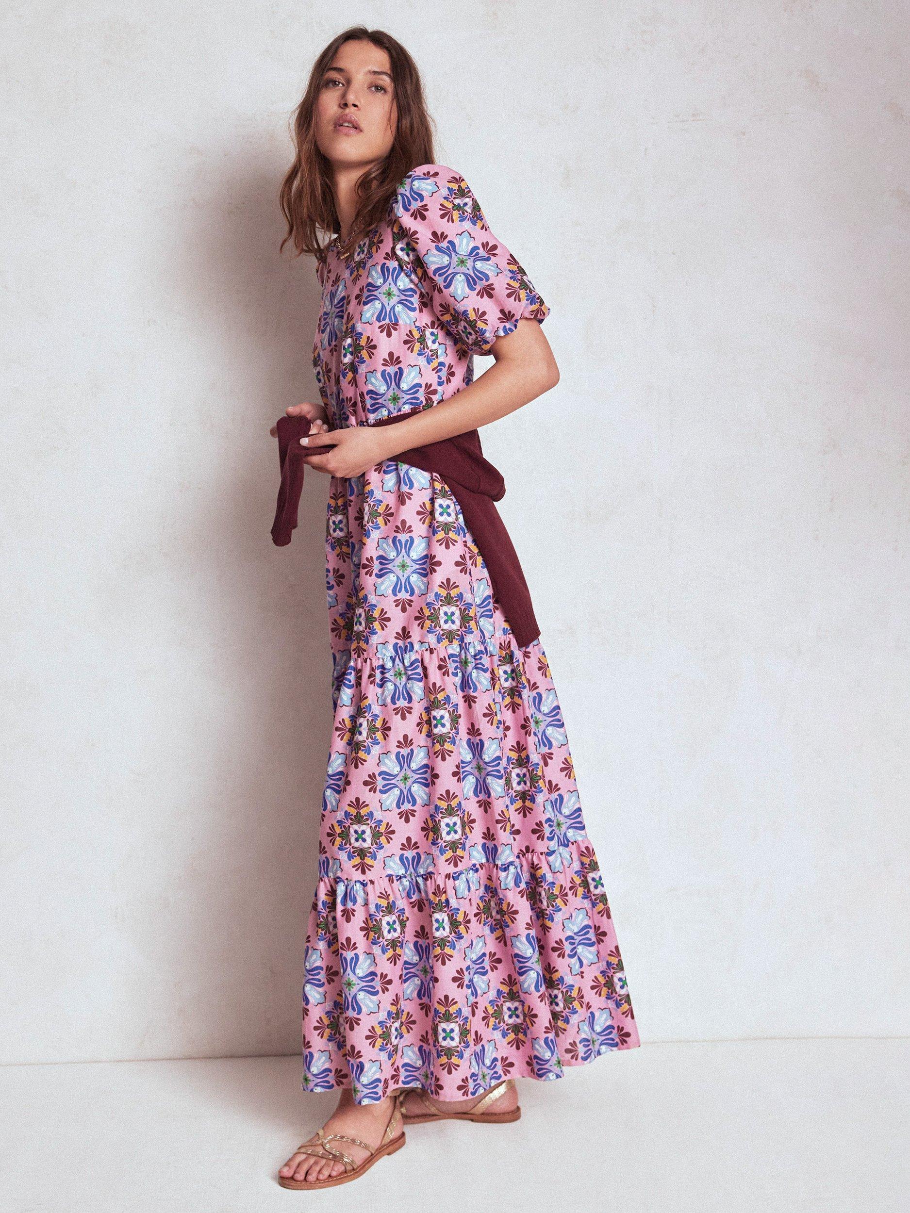 Product image 5 of 6, which shows Boden Floral Tiered Poplin Dress, Pink/Multi, 8