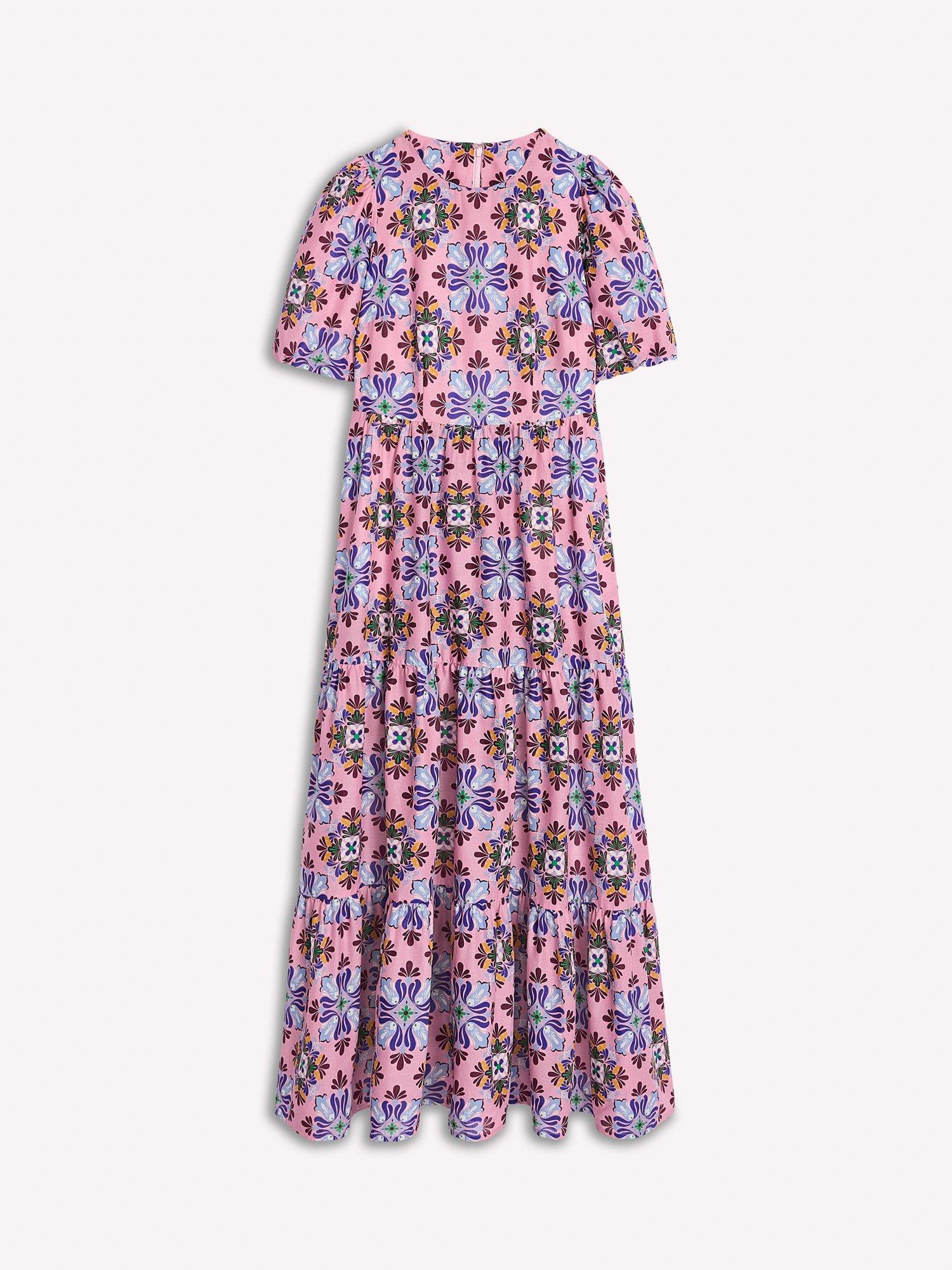 Product image 6 of 6, which shows Boden Floral Tiered Poplin Dress, Pink/Multi, 8