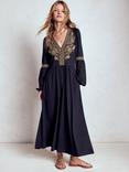 Boden Embroidered V-Neck Midi Dress, Navy