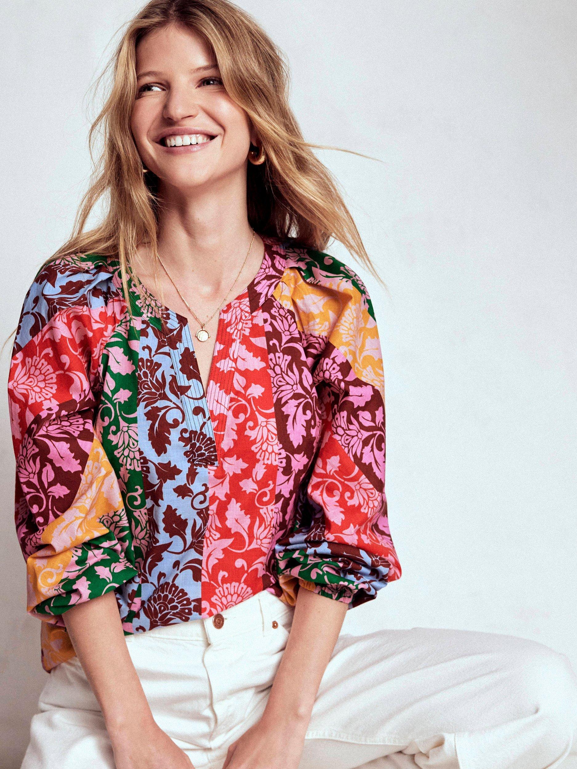 Product image 1 of 6, which shows Boden Floral Stripe Notch Neck Top, Multi, 8