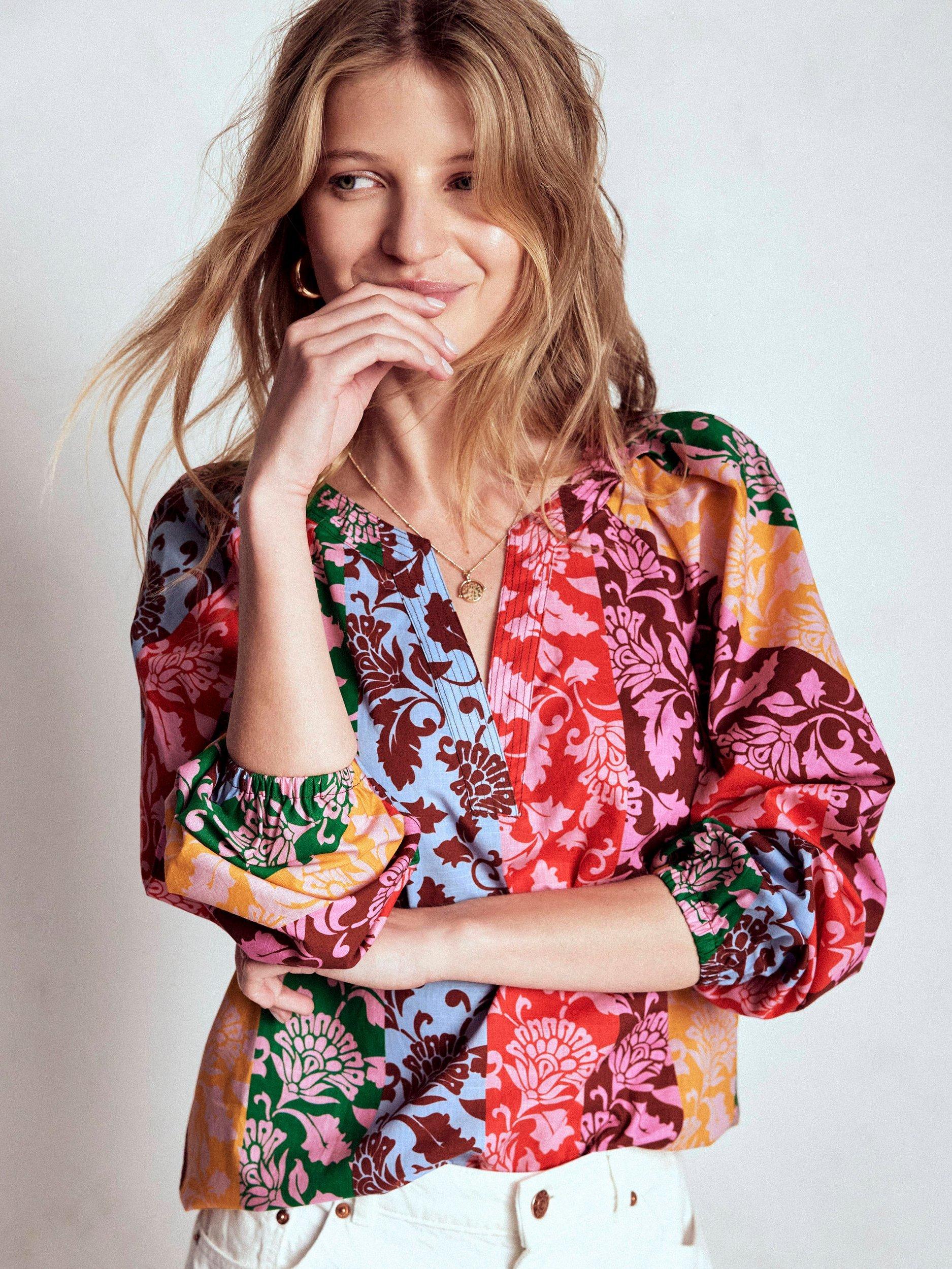 Product image 5 of 6, which shows Boden Floral Stripe Notch Neck Top, Multi, 8