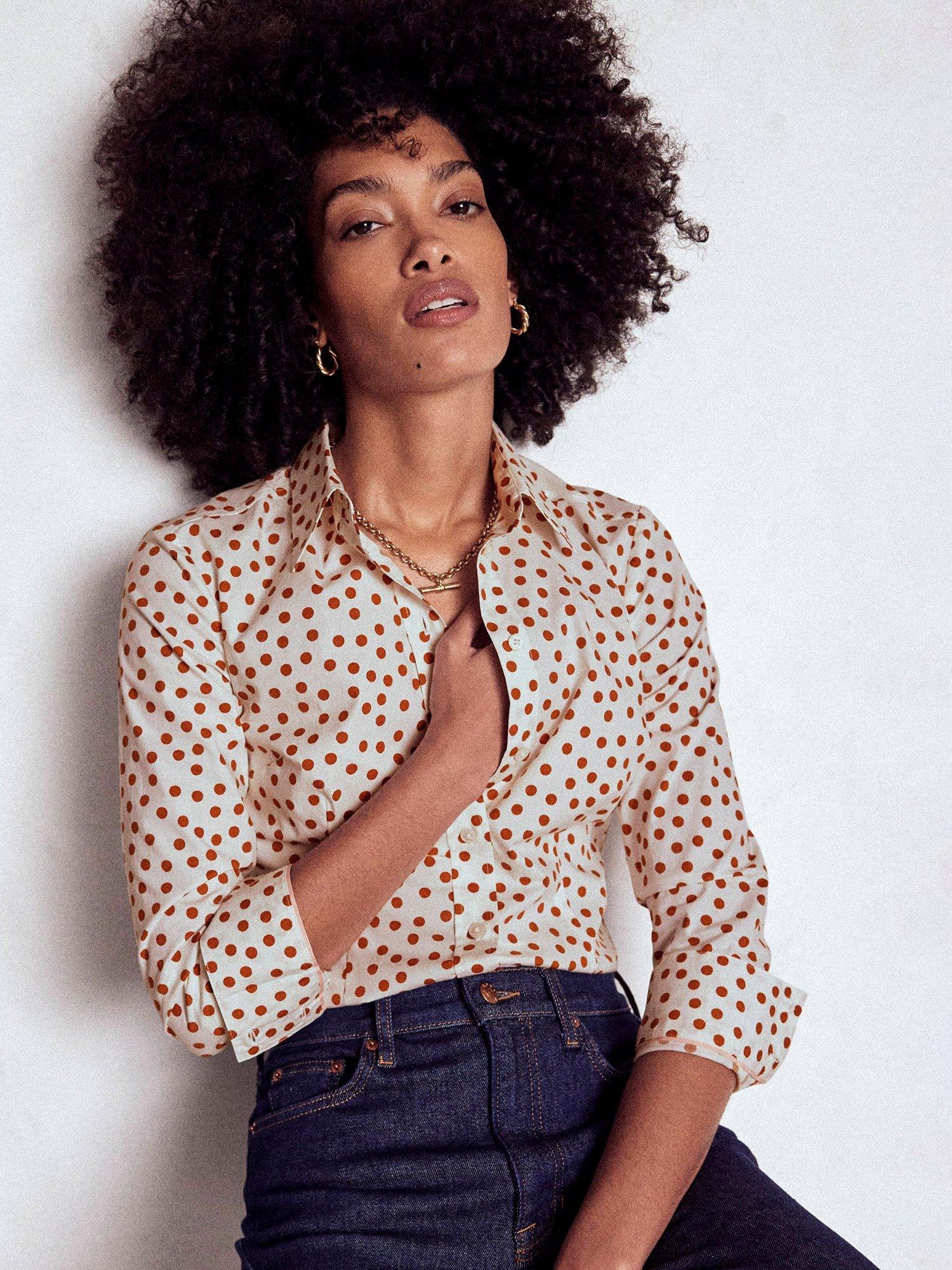 Product image 1 of 5, which shows Boden Saskia Spot Stretch Shirt, Cognac/Multi, 18