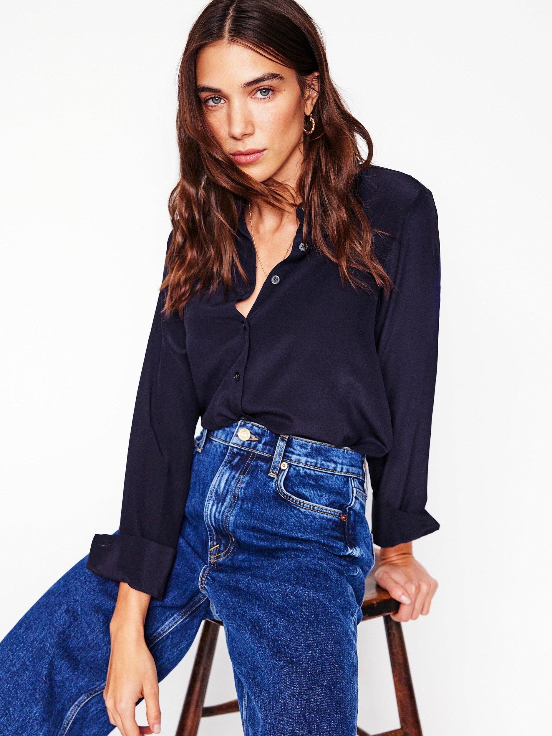 Product image 4 of 6, which shows Boden Sienna Pure Silk Shirt, Navy, 8