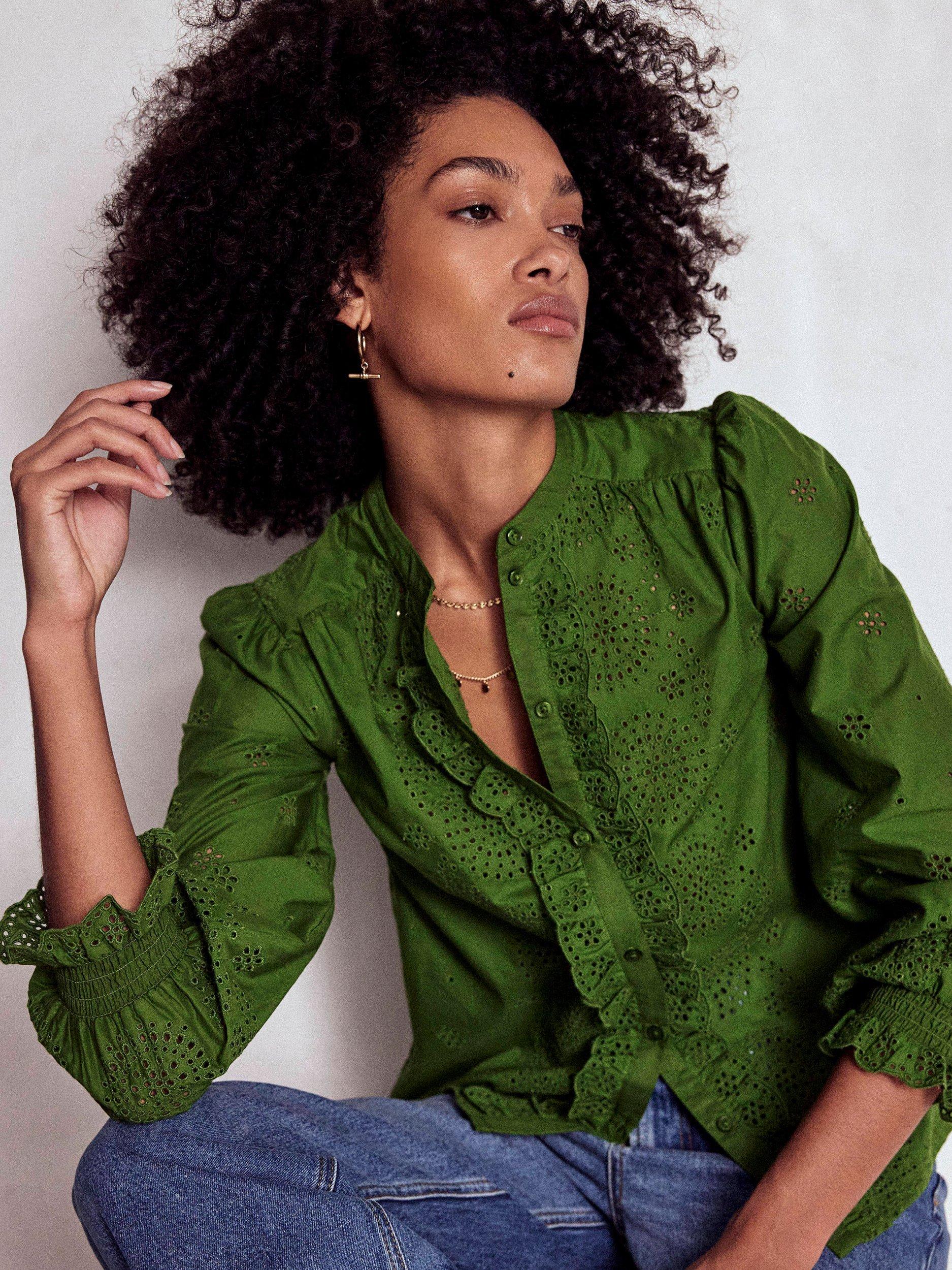 Product image 1 of 5, which shows Boden Alice Broderie Anglaise Top, Promenade Green, 8